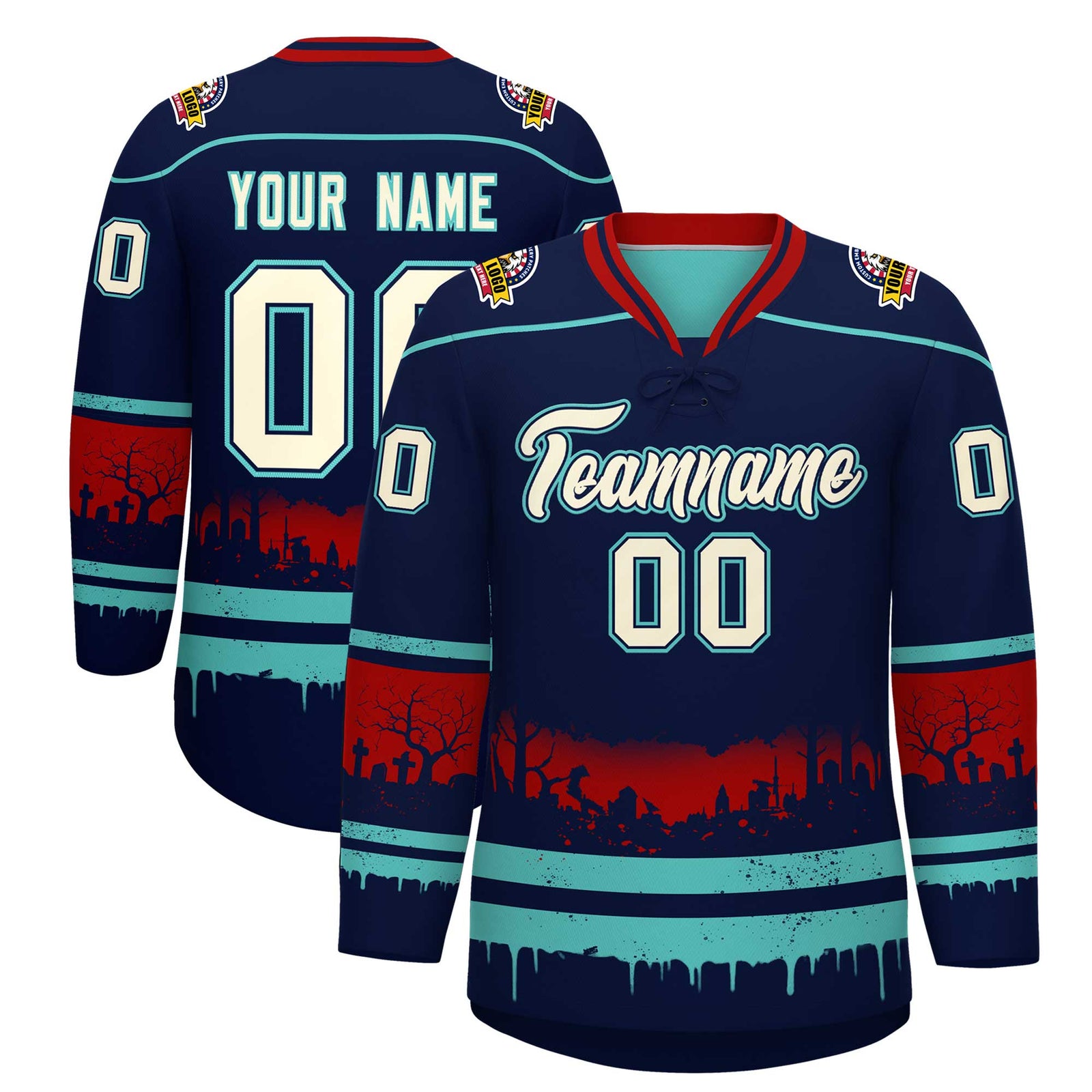 Custom Navy Teal Red Gradient Fashion Halloween Stretch Fabric Hockey Jersey| KXKSHOP