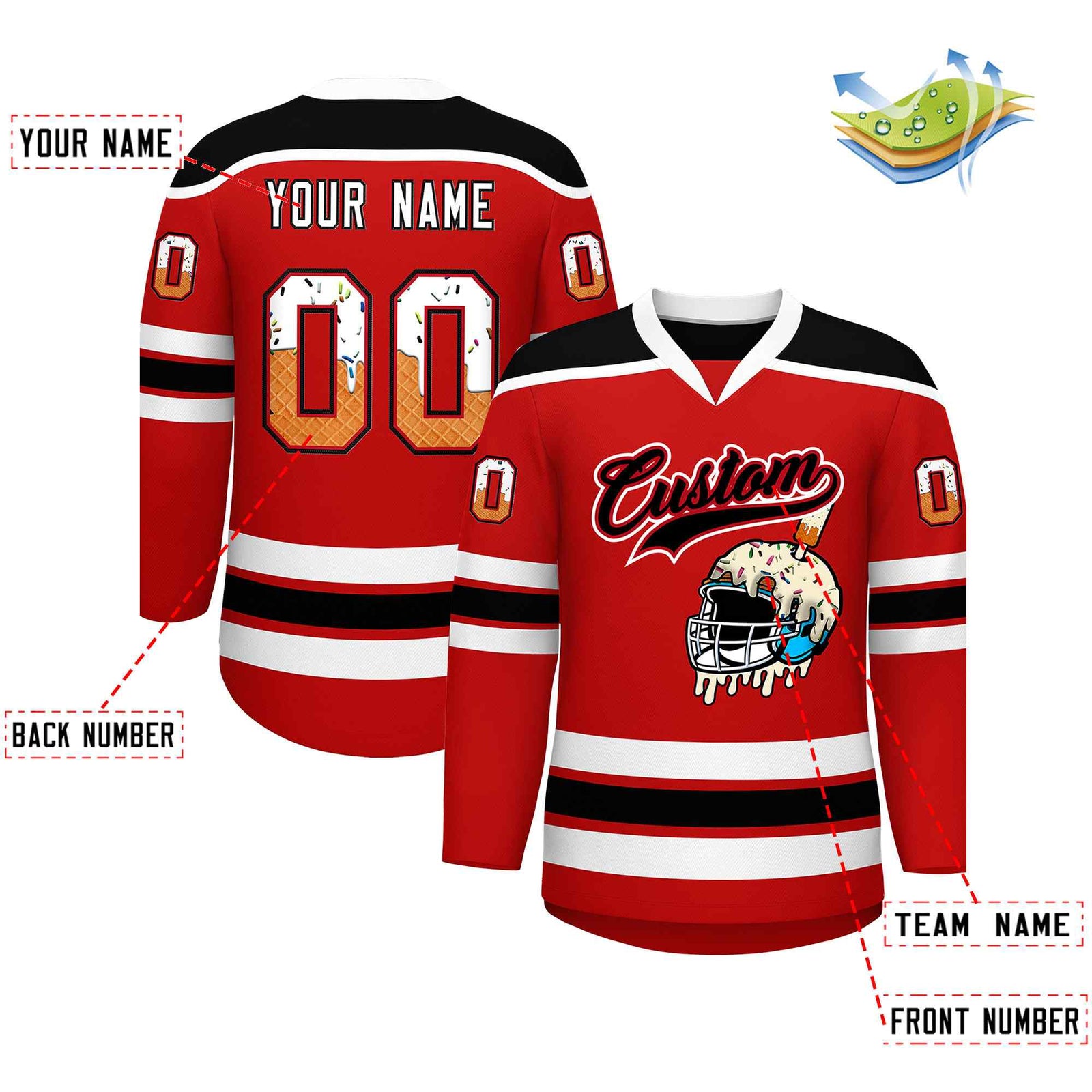 Custom Red White Ice Cream Helmet Pattern Personalized V-Neck Hockey Jersey