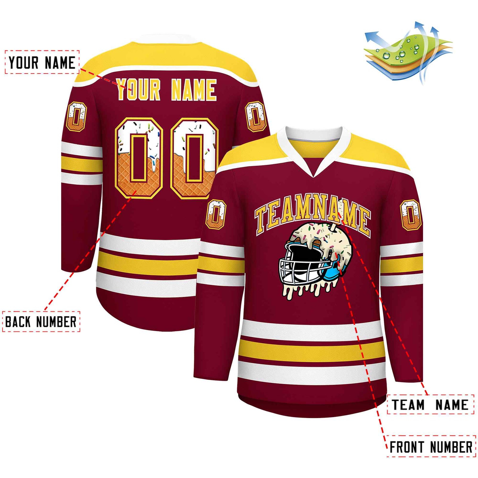 Custom Crimson Gold Ice Cream Helmet Pattern Personalized V-Neck Hockey Jersey