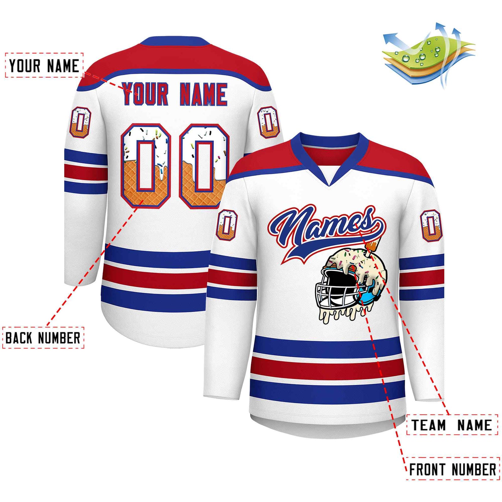Custom White Royal Blue Ice Cream Helmet Pattern Personalized V-Neck Hockey Jersey