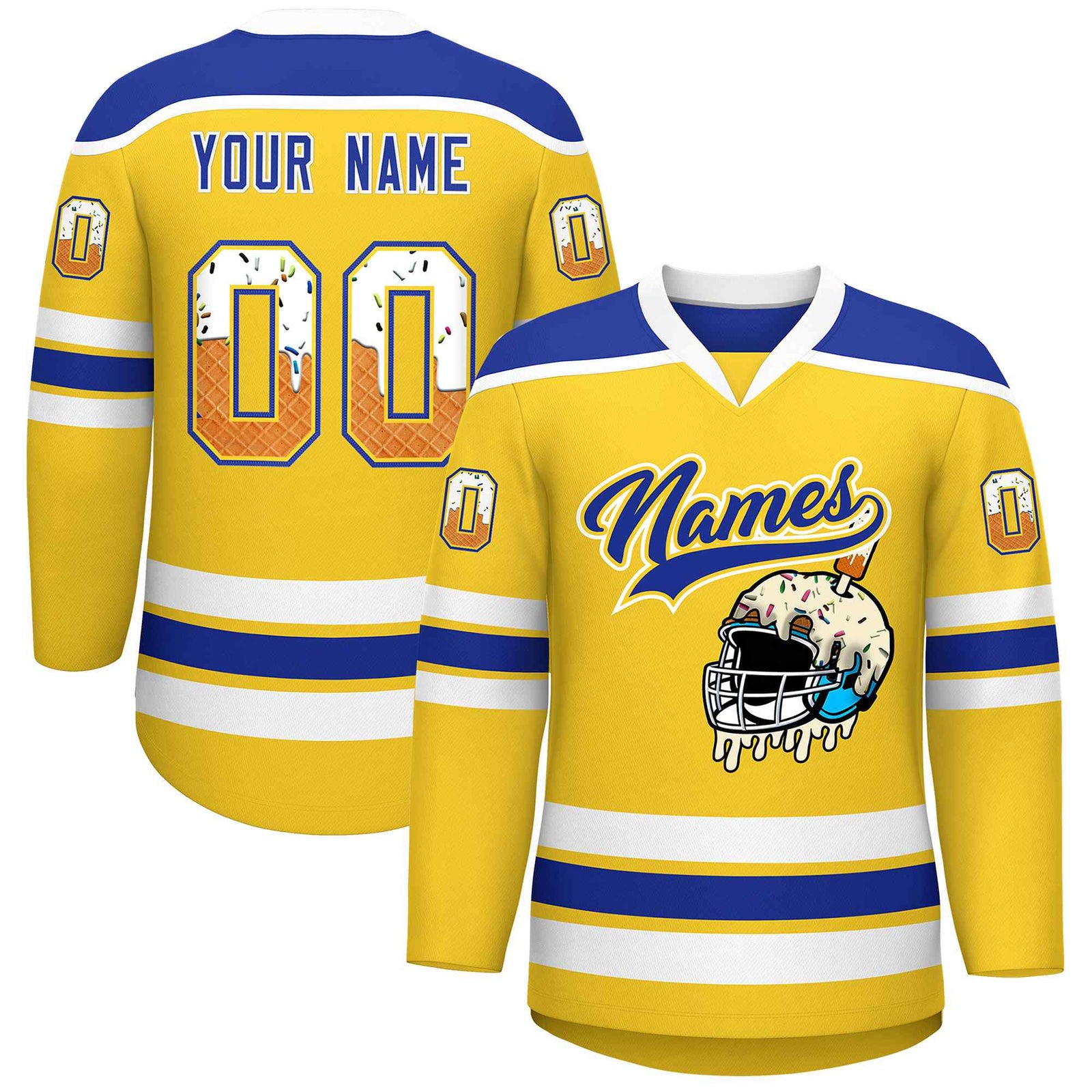 Custom Gold Royal Blue Ice Cream Helmet Pattern Personalized V-Neck Hockey Jersey