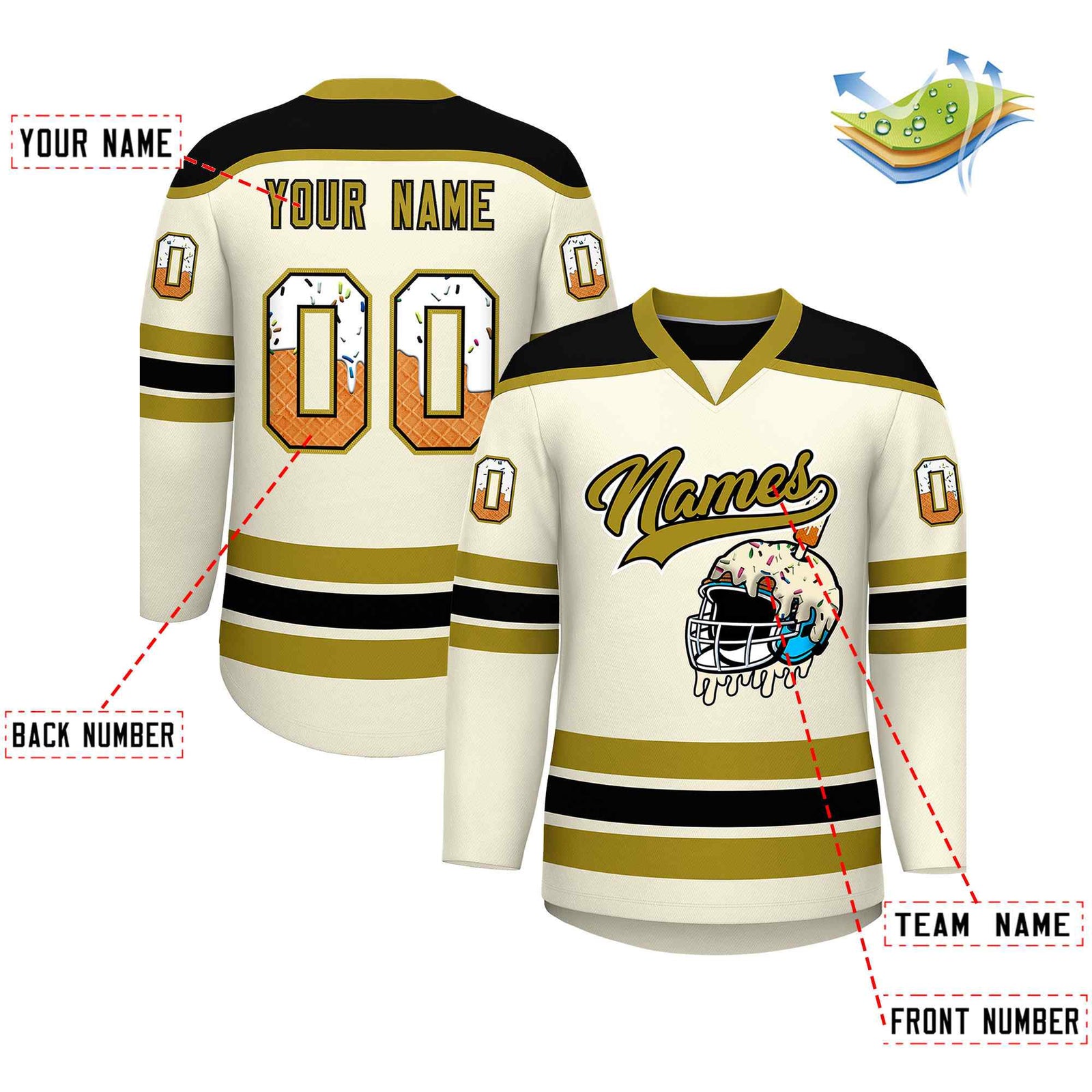 Custom Cream Old Gold Ice Cream Helmet Pattern Personalized V-Neck Hockey Jersey