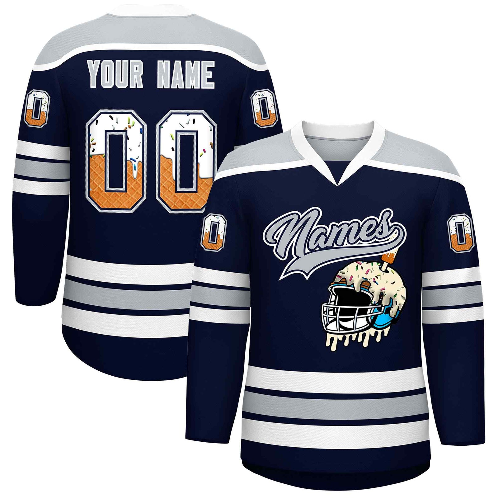 Custom Navy Silver Ice Cream Helmet Pattern Personalized V-Neck Hockey Jersey