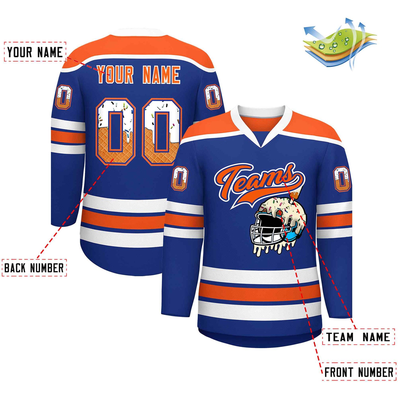 Custom Royal Blue Orange Ice Cream Helmet Pattern Personalized V-Neck Hockey Jersey
