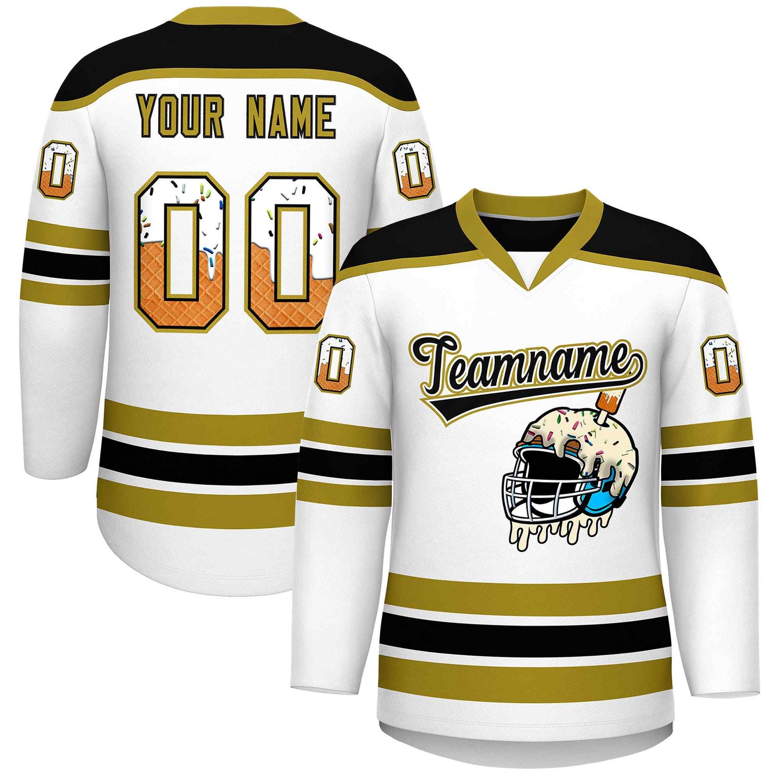 Custom White Old Gold Ice Cream Helmet Pattern Personalized V-Neck Hockey Jersey| KXKSHOP