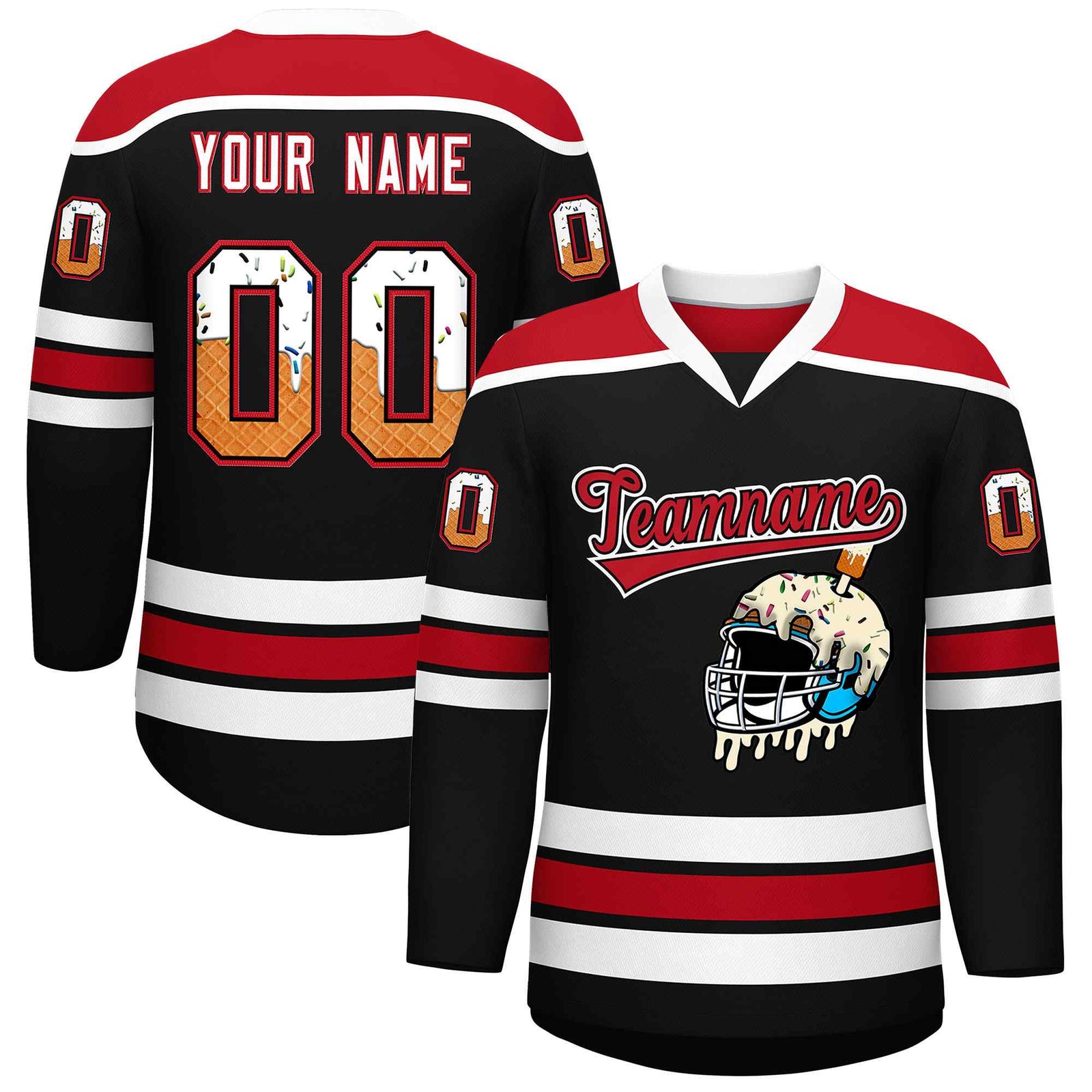 Custom Black Red Ice Cream Helmet Pattern Personalized V-Neck Hockey Jersey| KXKSHOP