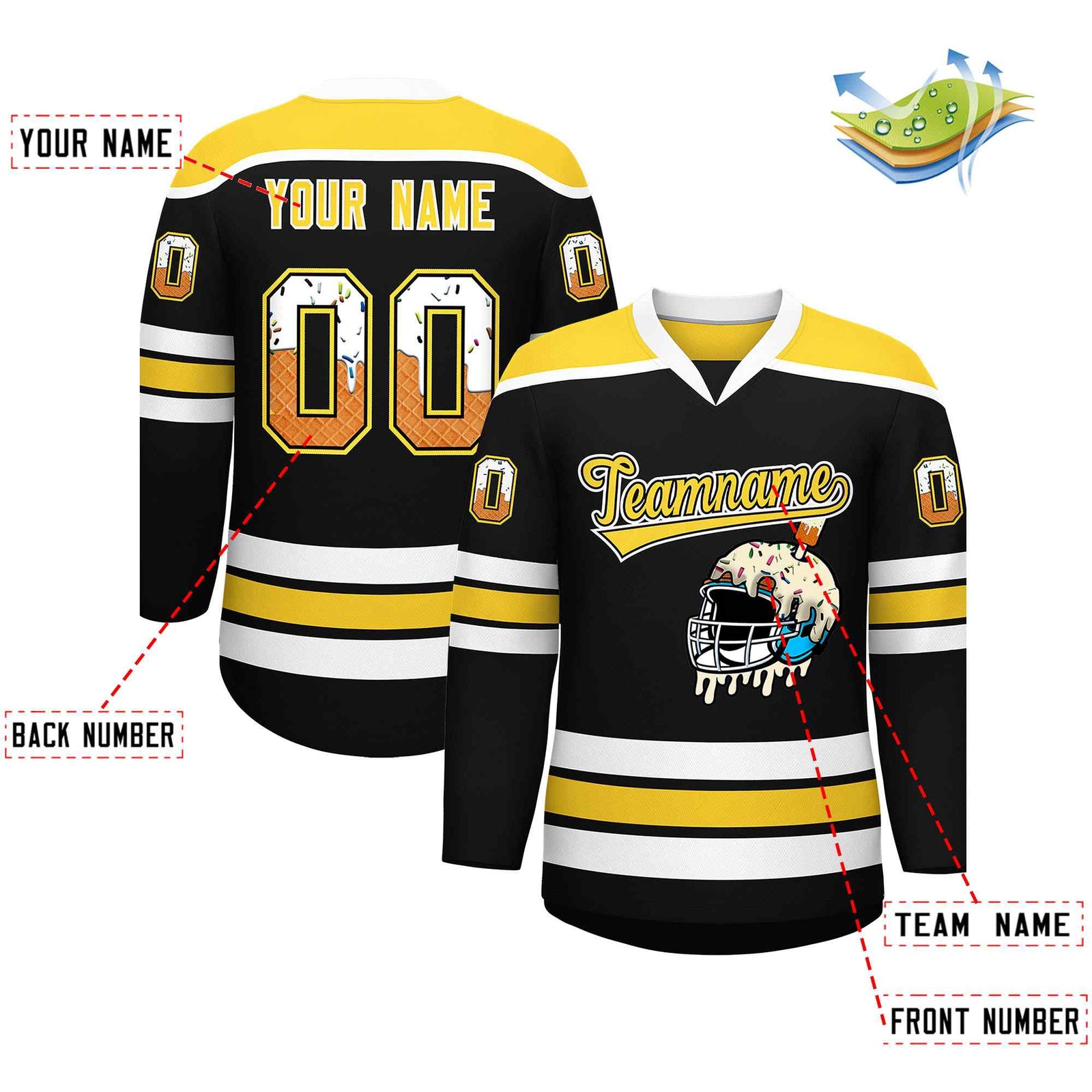 Custom Black Gold Ice Cream Helmet Pattern Personalized V-Neck Hockey Jersey| KXKSHOP