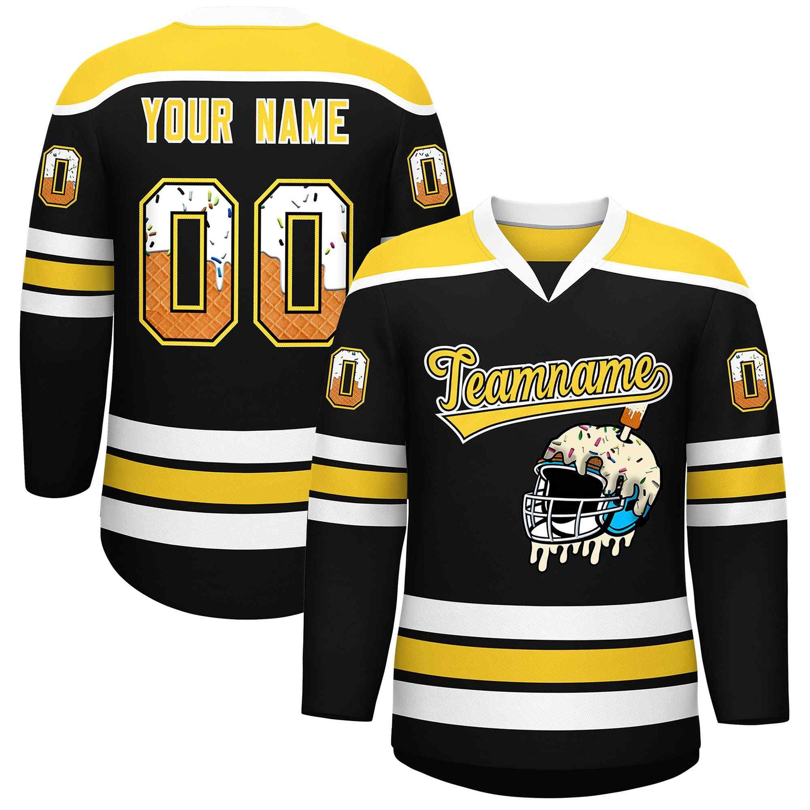 Custom Black Gold Ice Cream Helmet Pattern Personalized V-Neck Hockey Jersey| KXKSHOP