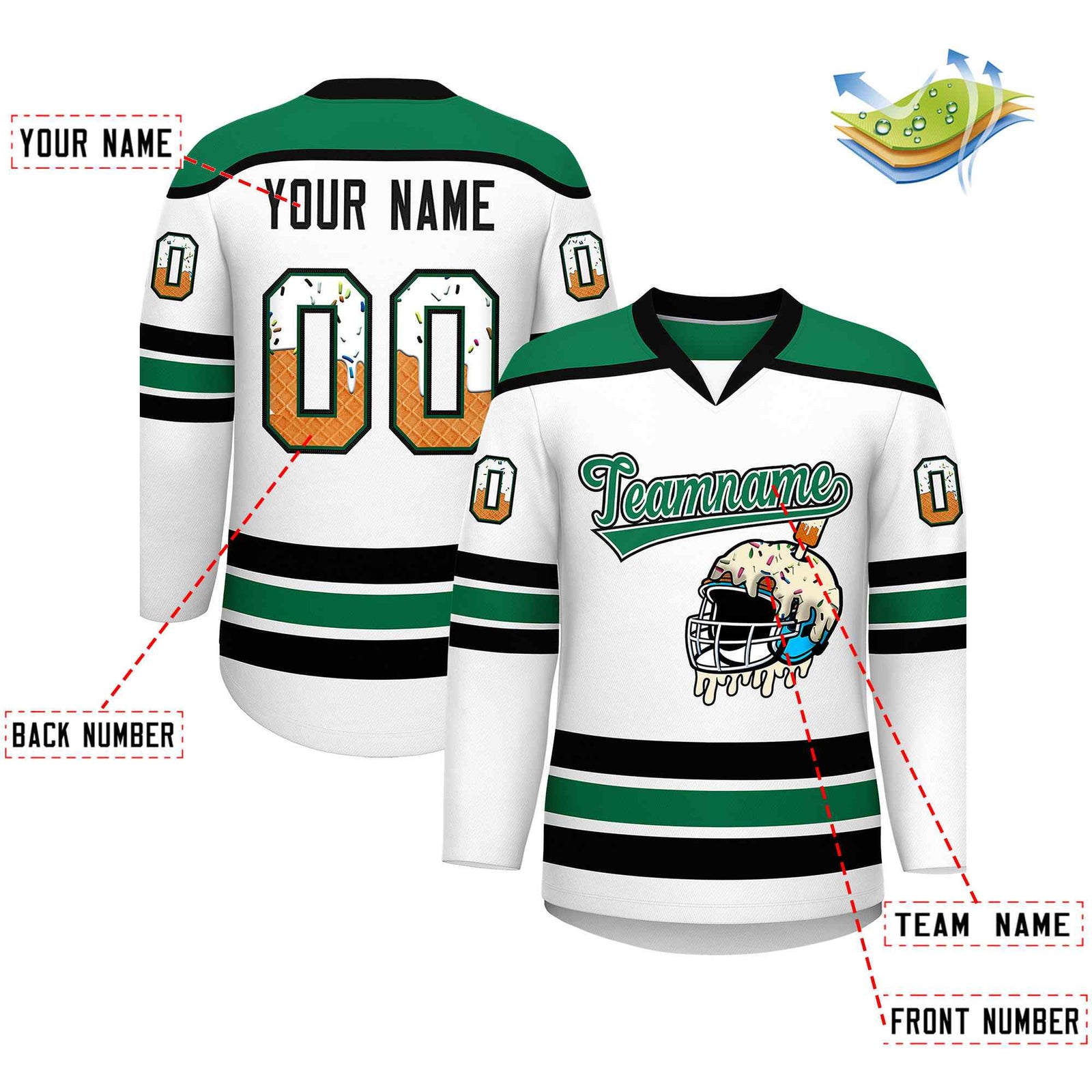 Custom White Kelly Green Ice Cream Helmet Pattern Personalized V-Neck Hockey Jersey| KXKSHOP