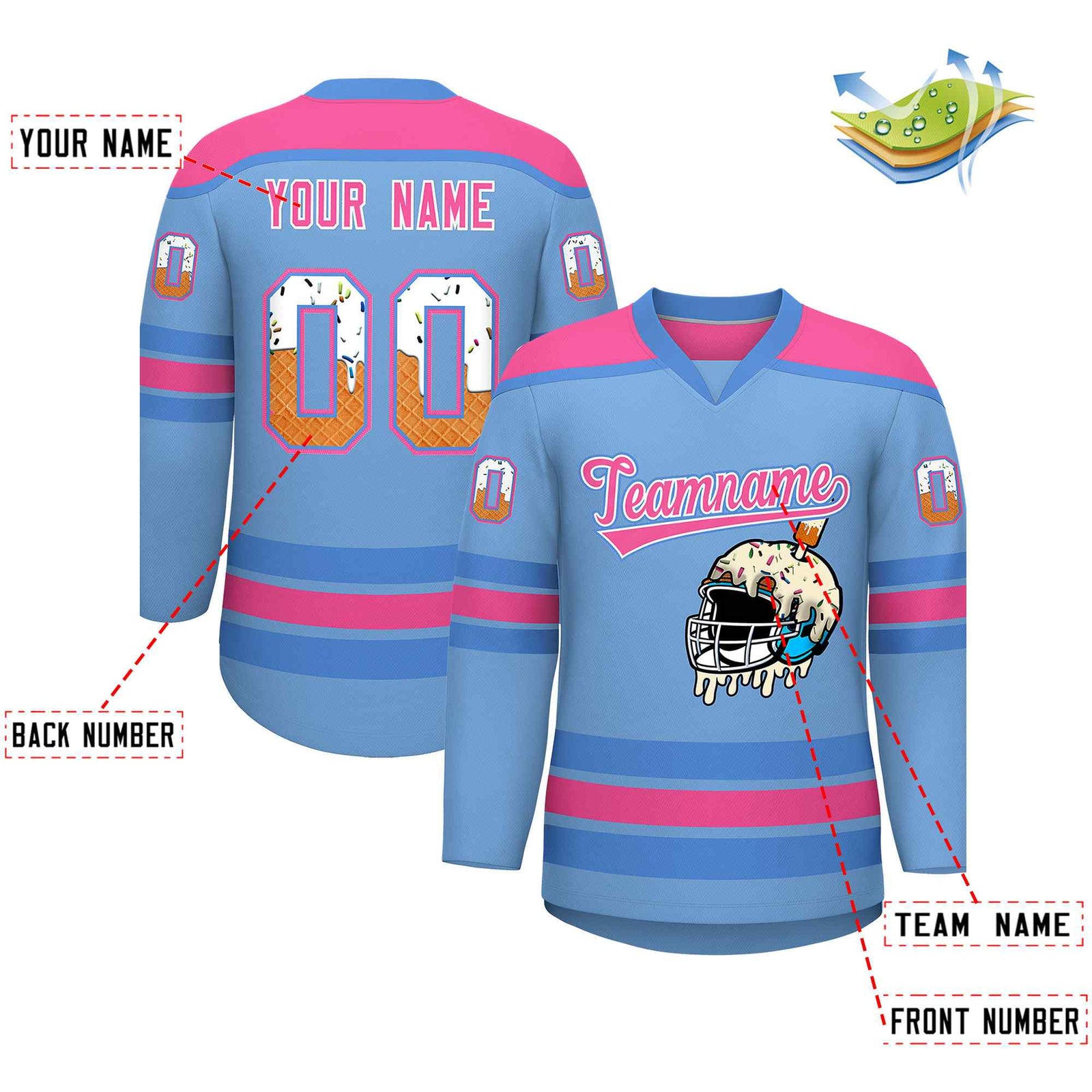Custom Light Blue Pink Ice Cream Helmet Pattern Personalized V-Neck Hockey Jersey| KXKSHOP