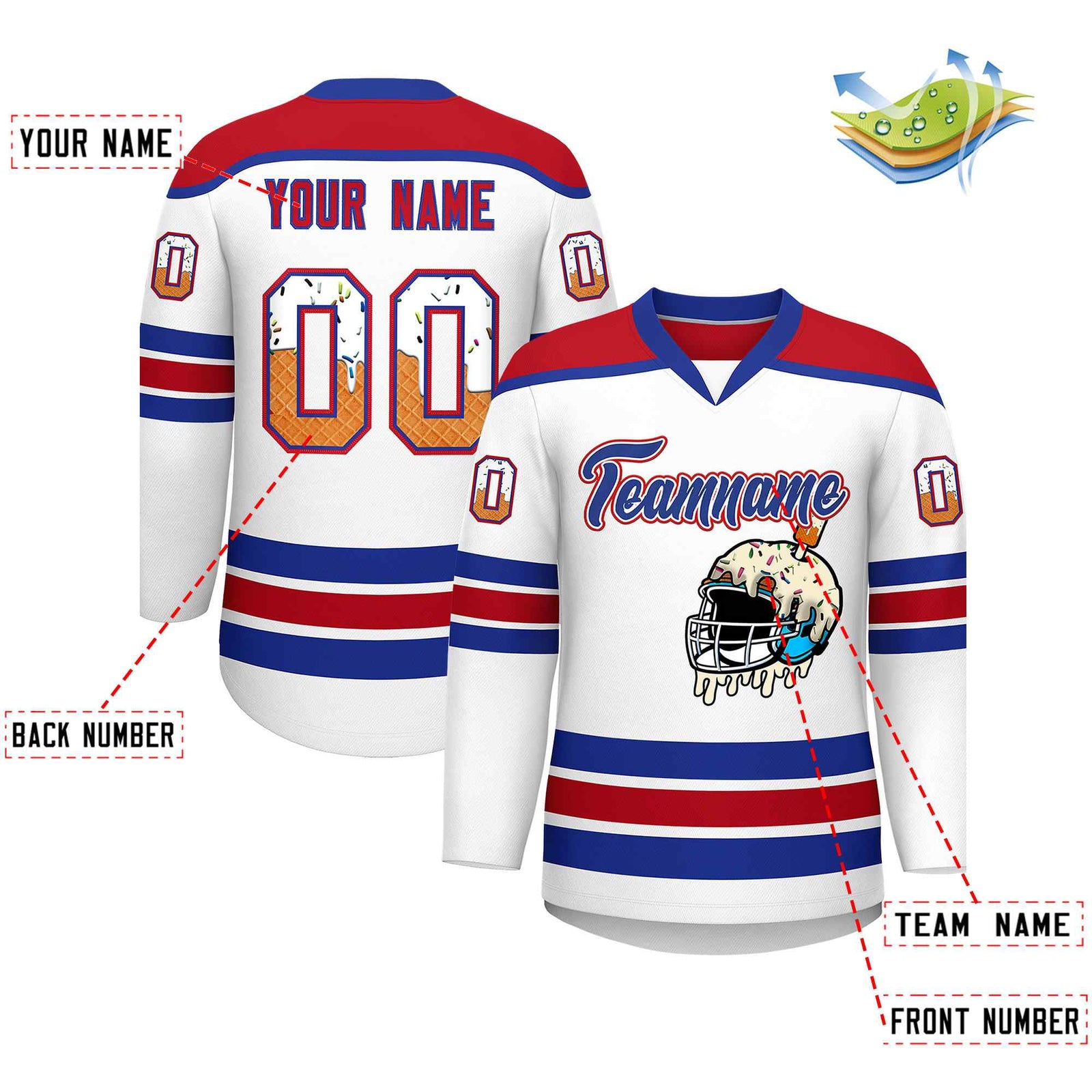 Custom White Royal Blue Ice Cream Helmet Pattern Personalized V-Neck Hockey Jersey