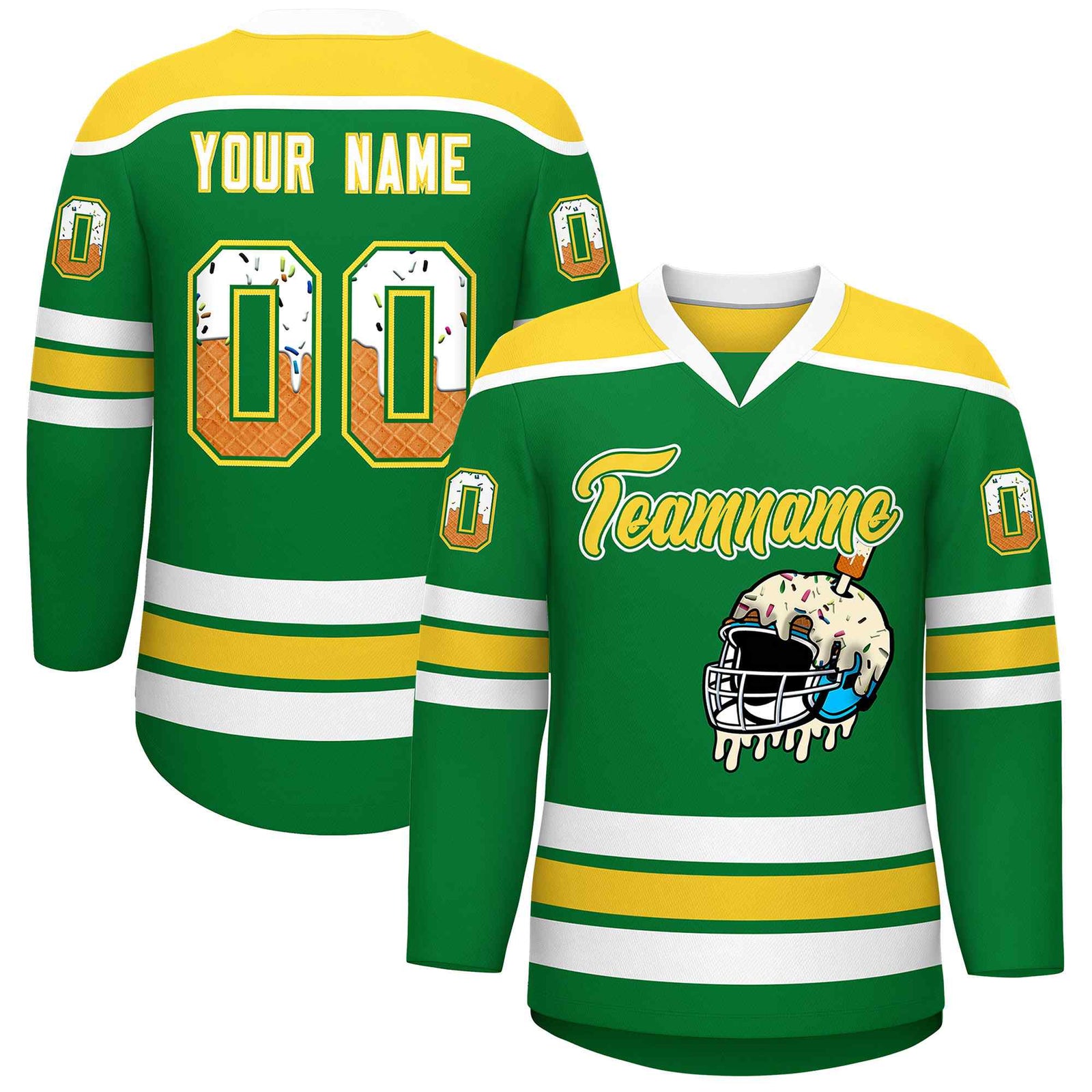Custom Kelly Green Gold Ice Cream Helmet Pattern Personalized V-Neck Hockey Jersey