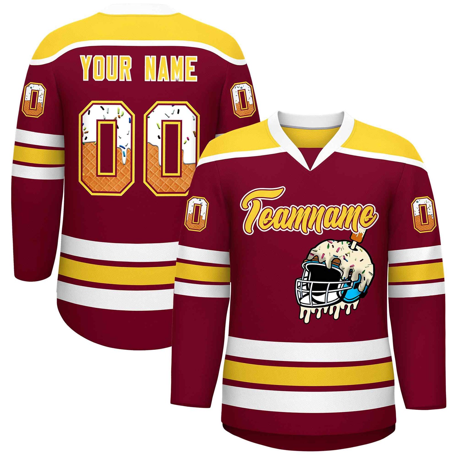 Custom Crimson Gold Ice Cream Helmet Pattern Personalized V-Neck Hockey Jersey