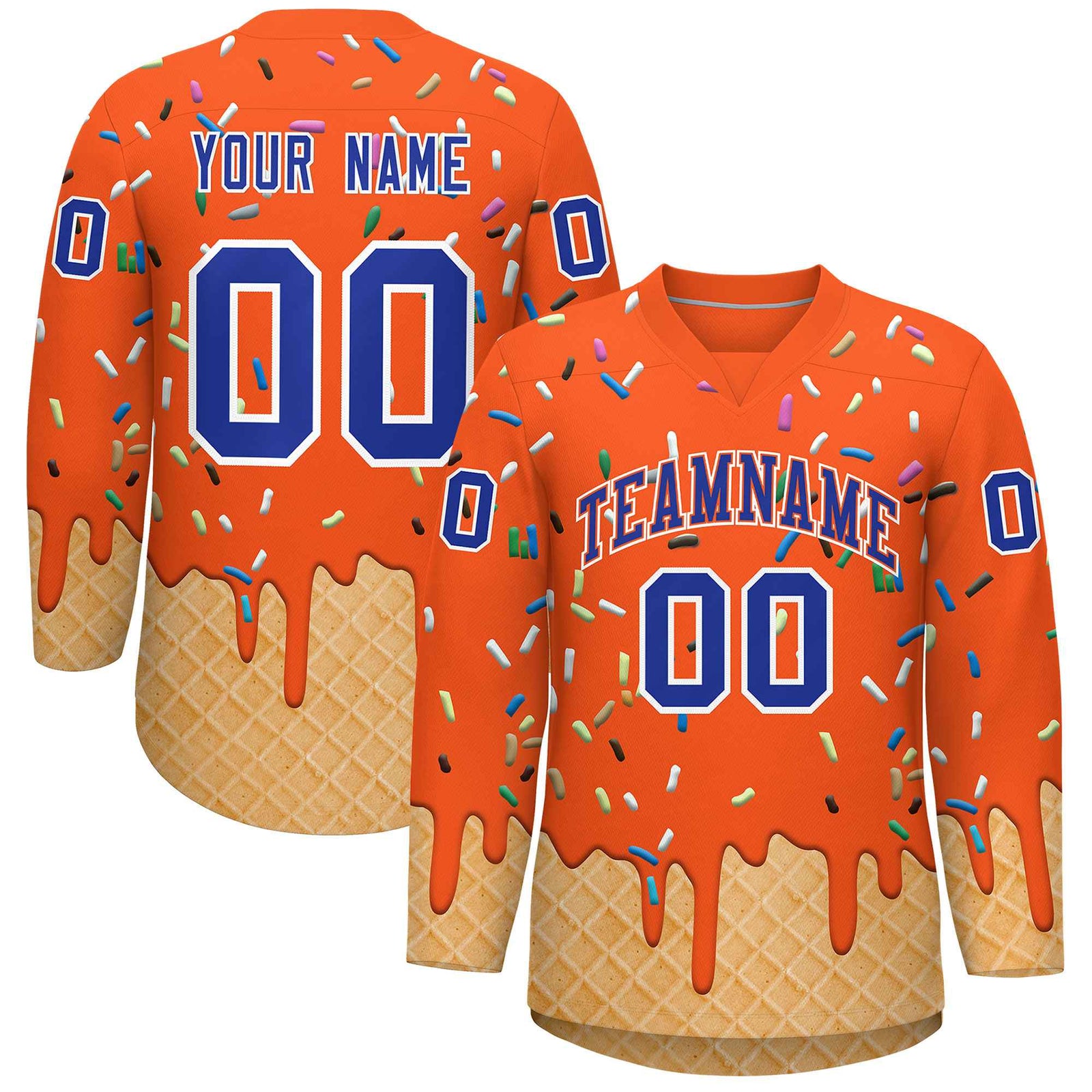 Custom Orange Royal Blue Ice Cream Pattern Personalized V-Neck Hockey Jersey