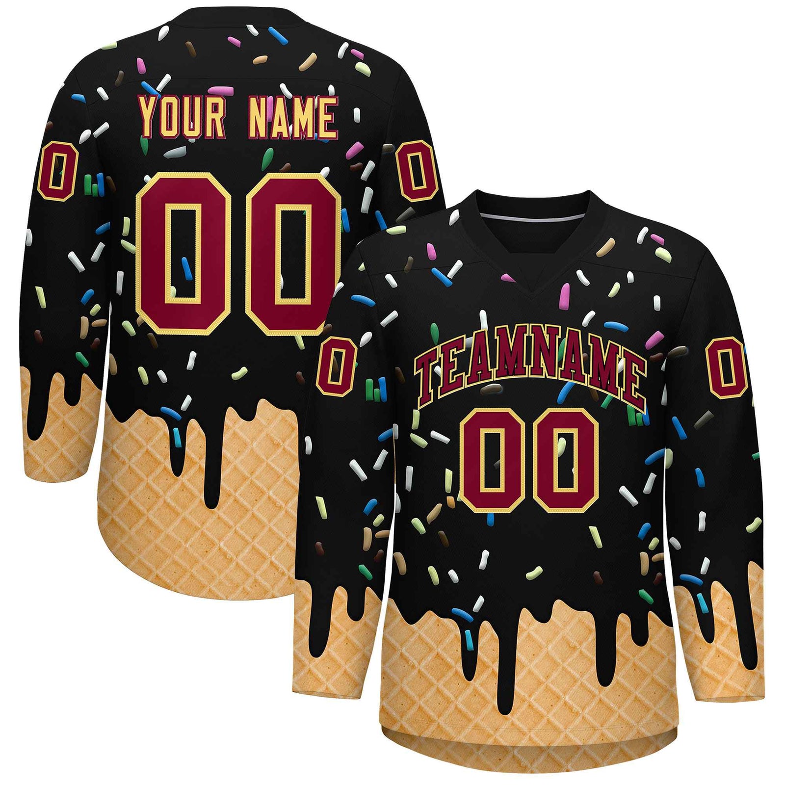 Custom Black Crimson Ice Cream Pattern Personalized V-Neck Hockey Jersey