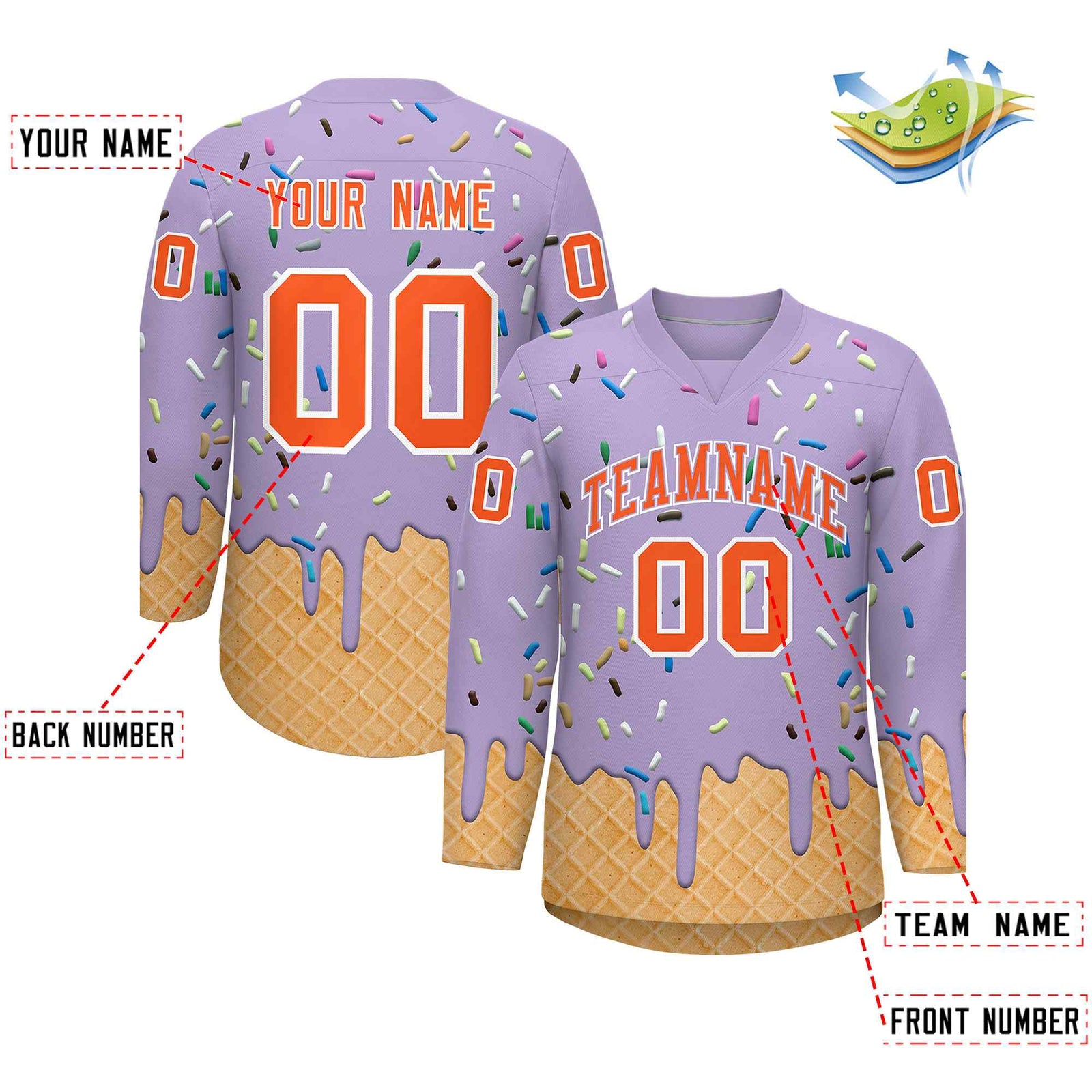 Custom Light Purple Orange Ice Cream Pattern Personalized V-Neck Hockey Jersey