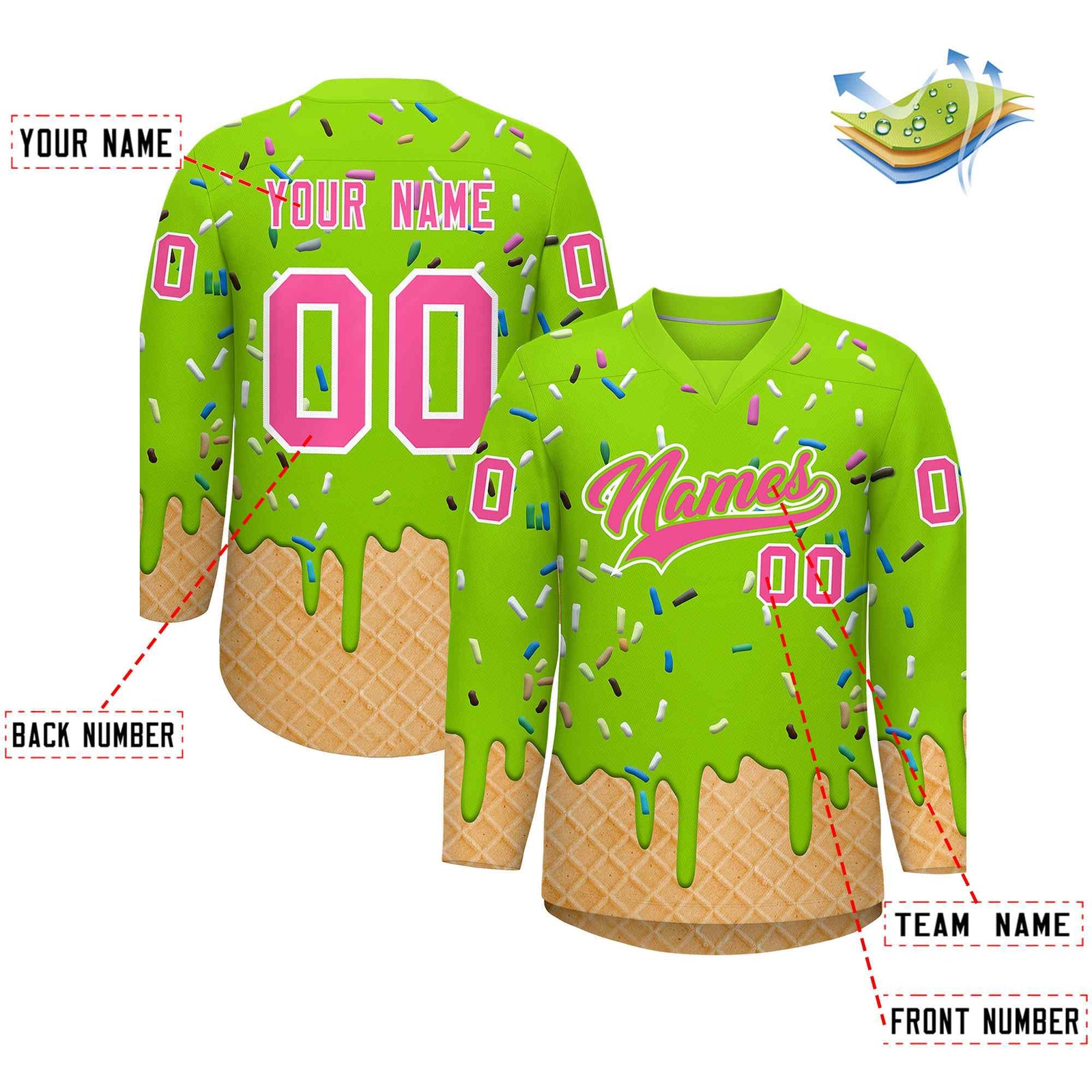 Custom Neon Green Pink Ice Cream Pattern Personalized V-Neck Hockey Jersey