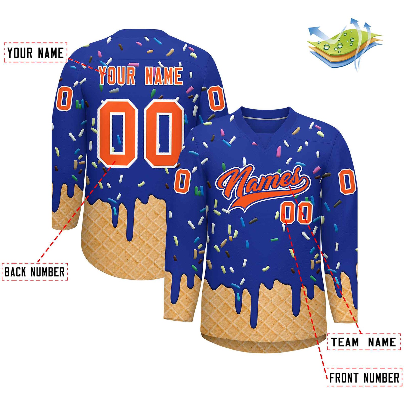 Custom Royal Blue Orange Ice Cream Pattern Personalized V-Neck Hockey Jersey