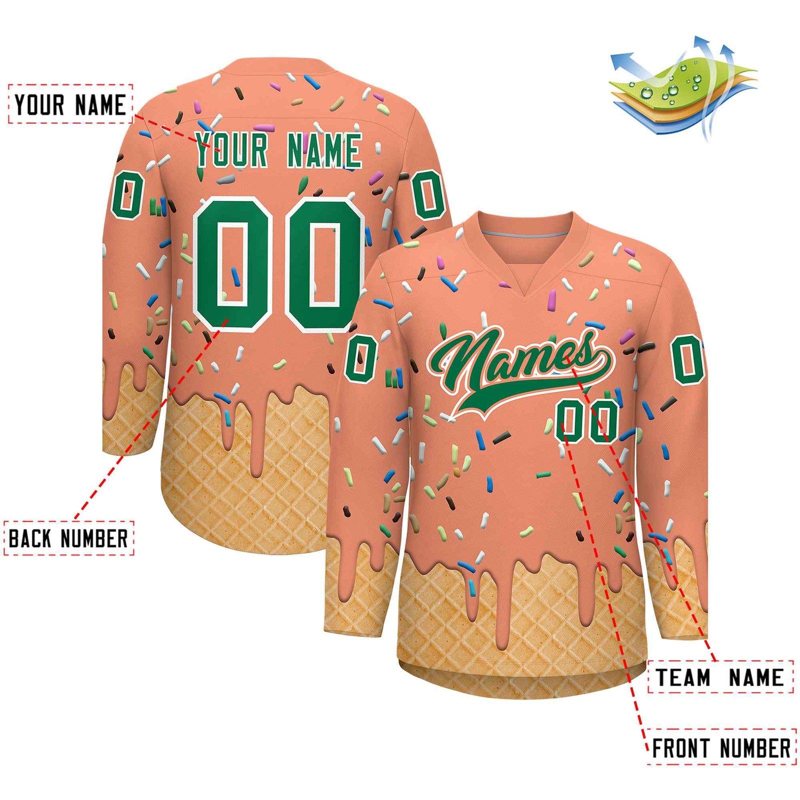 Custom Light Orange Kelly Green Ice Cream Pattern Personalized V-Neck Hockey Jersey