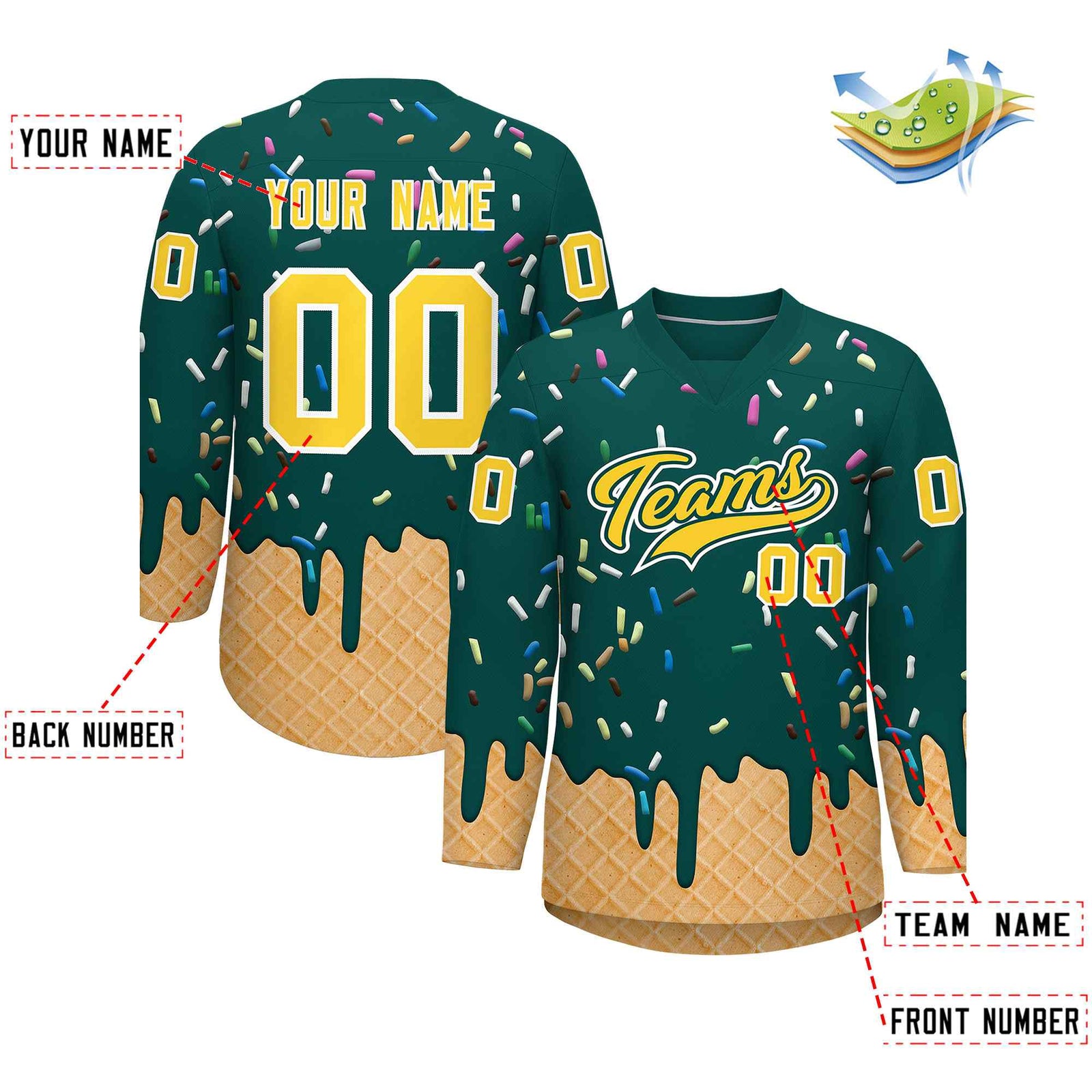 Custom Midnight Green Gold Ice Cream Pattern Personalized V-Neck Hockey Jersey