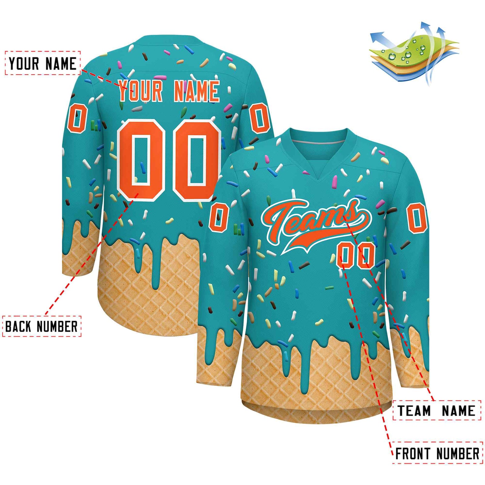 Custom Aqua Orange Ice Cream Pattern Personalized V-Neck Hockey Jersey