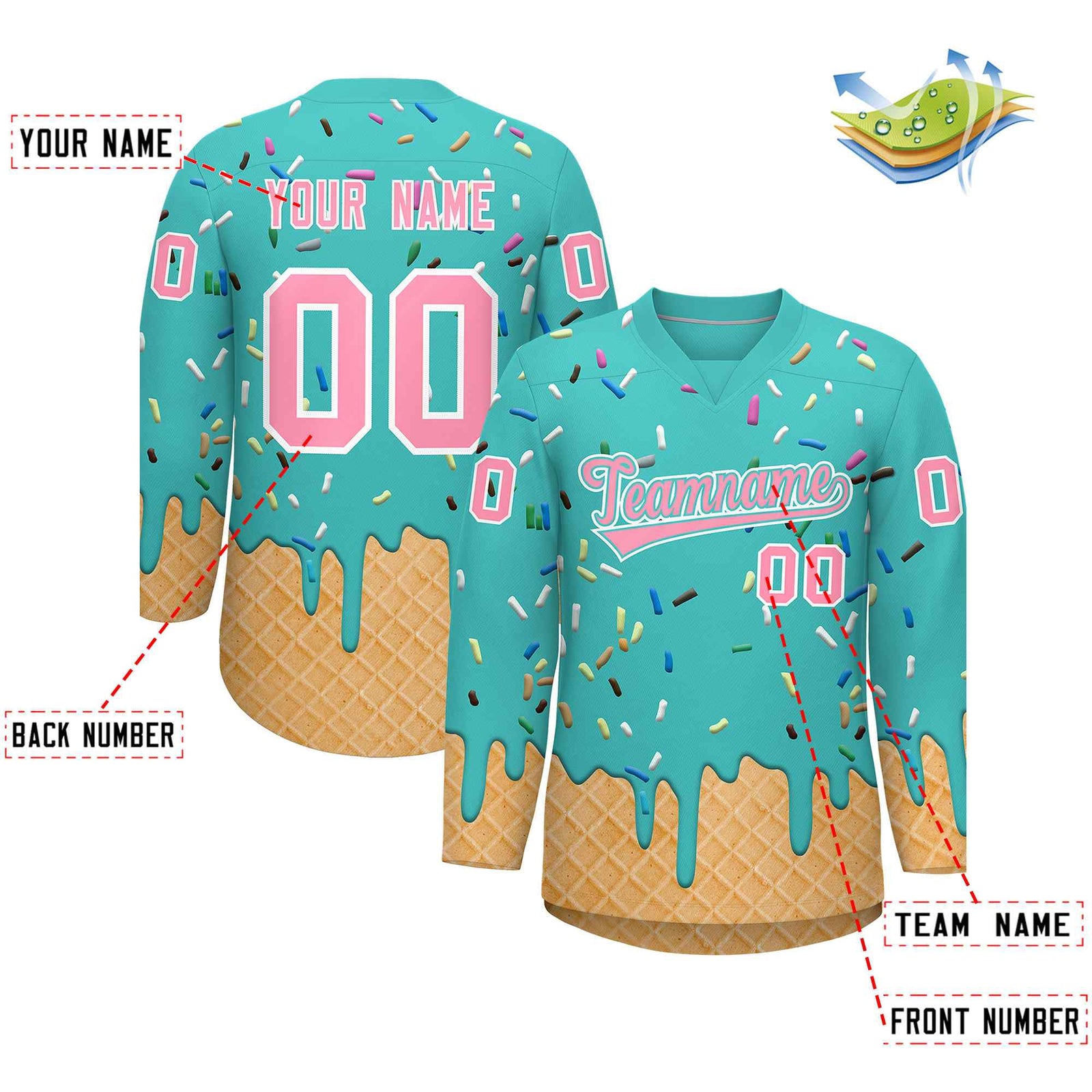 Custom Teal Light Pink Ice Cream Pattern Personalized V-Neck Hockey Jersey| KXKSHOP