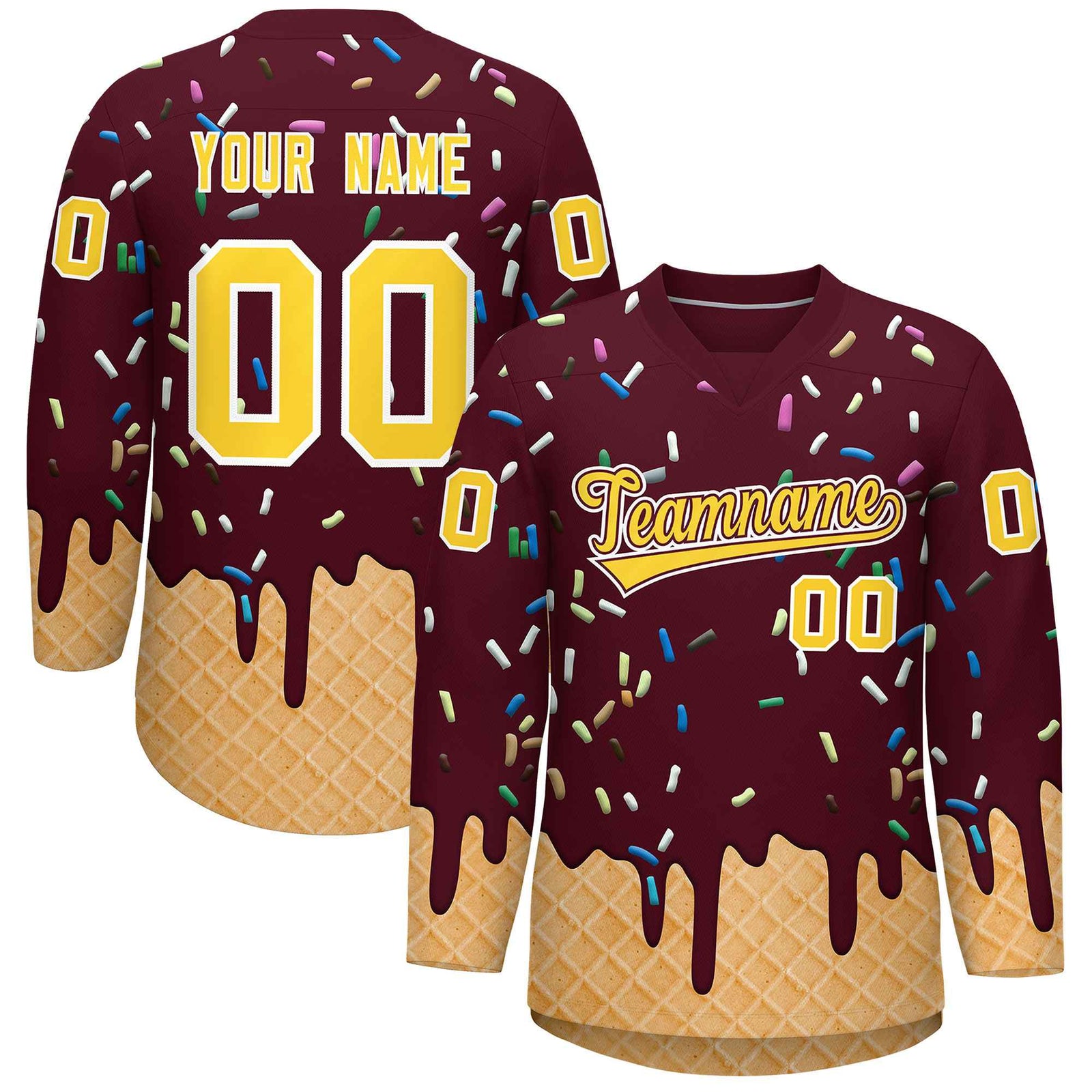 Custom Crimson Gold Ice Cream Pattern Personalized V-Neck Hockey Jersey| KXKSHOP