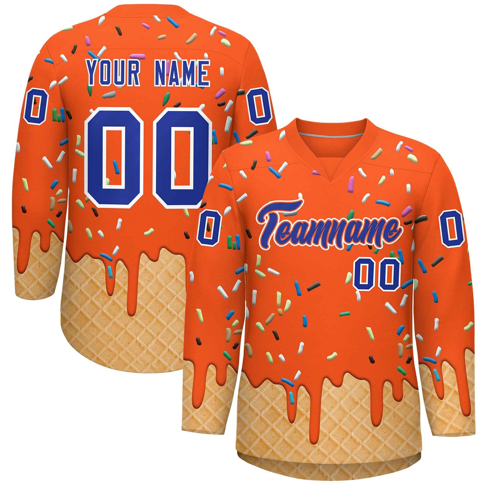 Custom Orange Royal Blue Ice Cream Pattern Personalized V-Neck Hockey Jersey