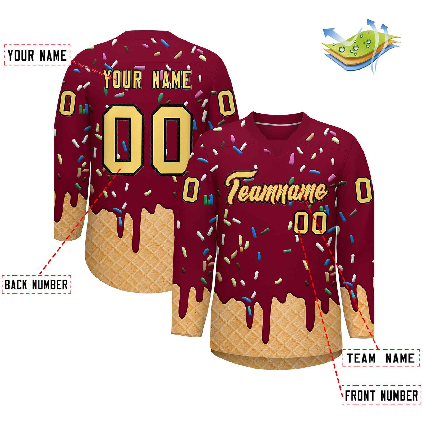 Custom Crimson Khaki Ice Cream Pattern Personalized V-Neck Hockey Jersey