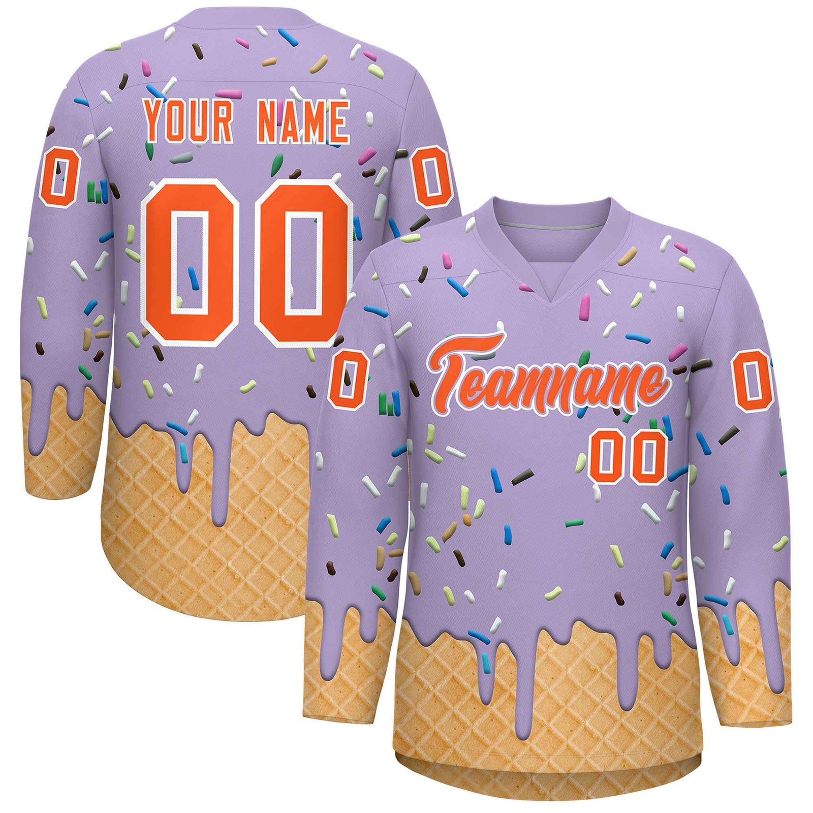 Custom Light Purple Orange Ice Cream Pattern Personalized V-Neck Hockey Jersey