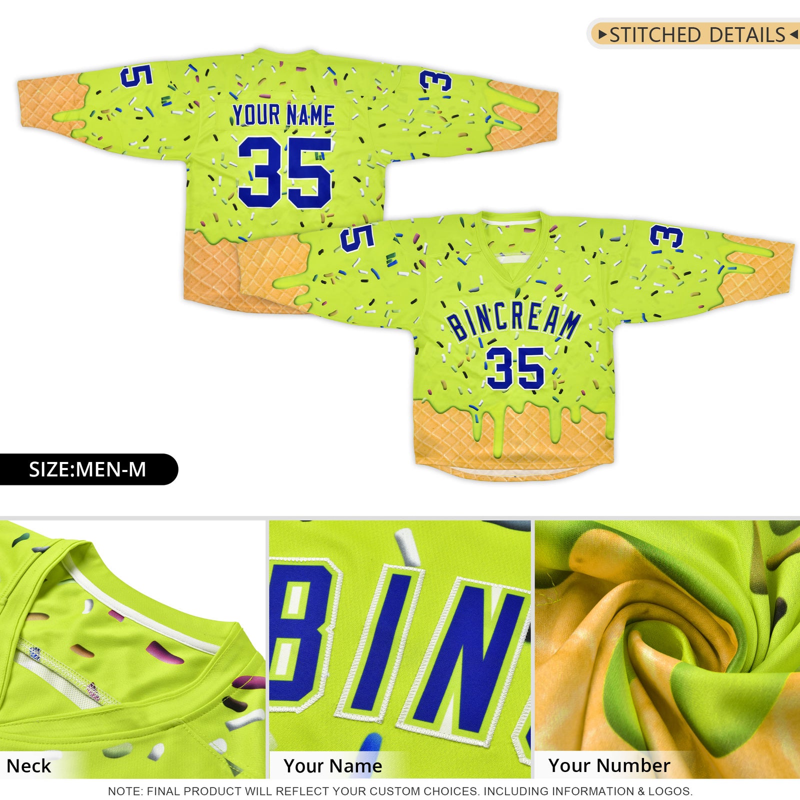 Custom Fluorescent Green Royal Blue Ice Cream Pattern Personalized V-Neck Hockey Jersey| KXKSHOP