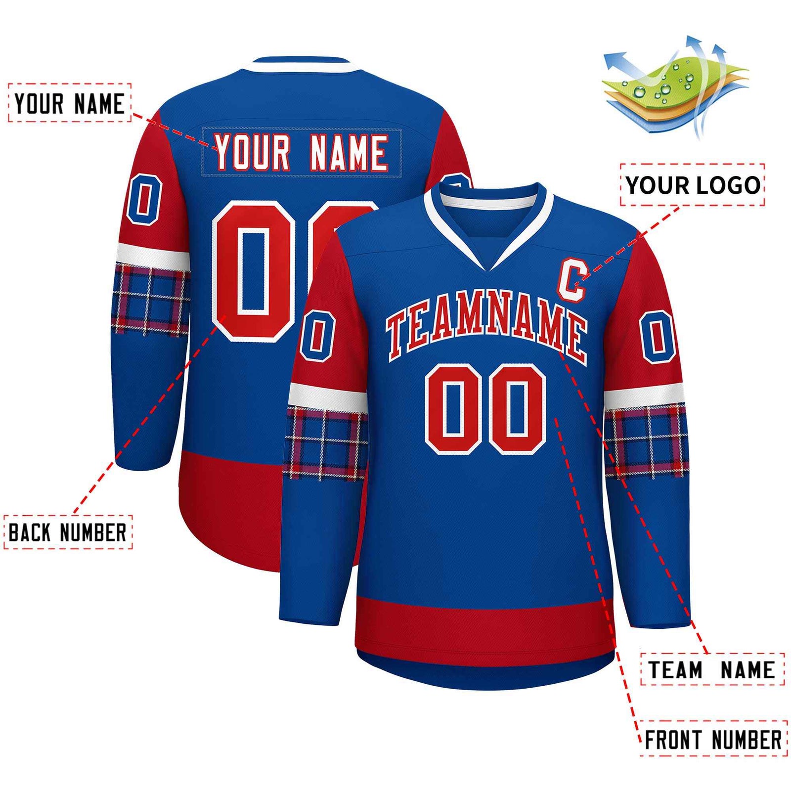 Custom Royal Red-Red Personalized Raglan Sleeves V-Neck Hockey Jersey
