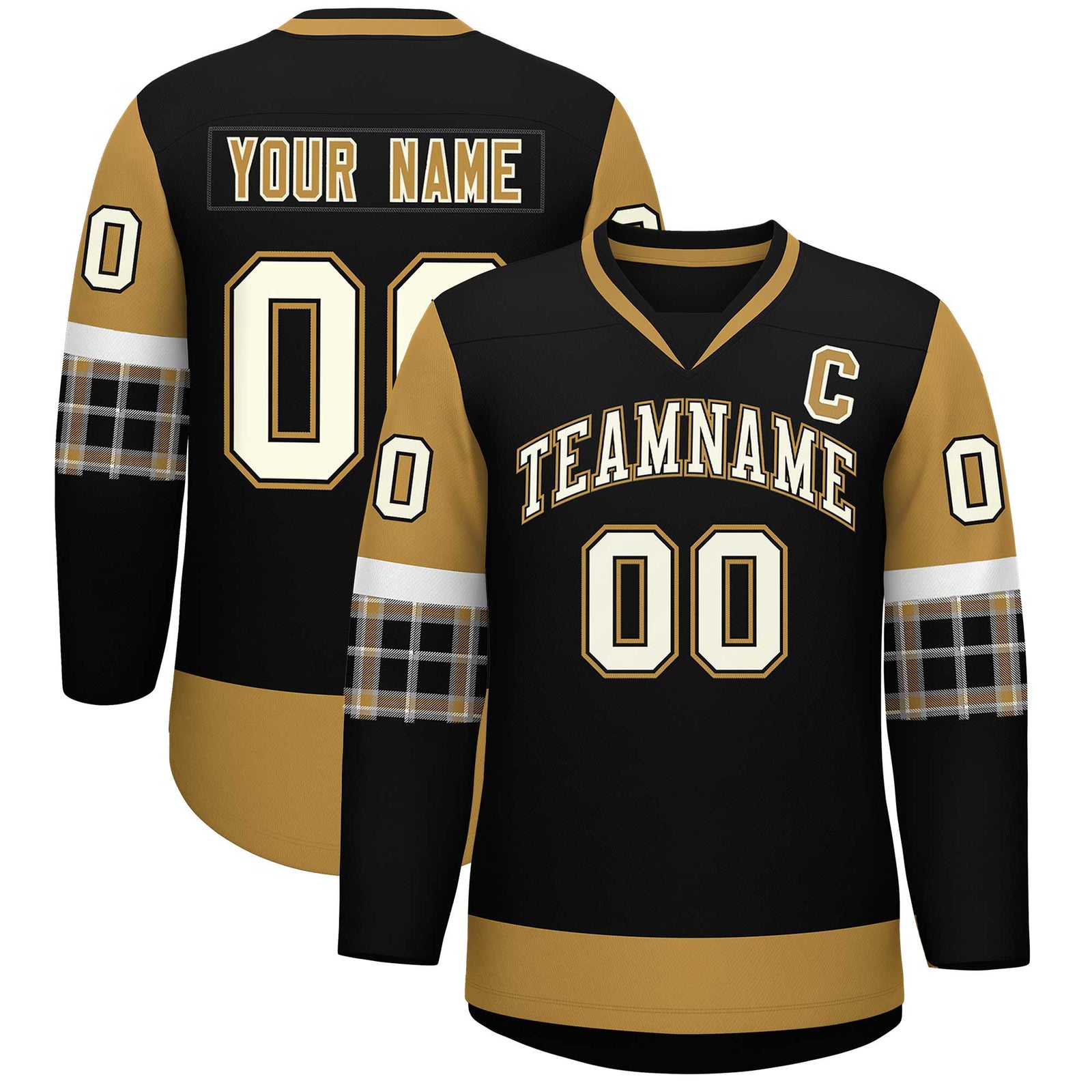 Custom Black Old Gold-White Personalized Raglan Sleeves V-Neck Hockey Jersey