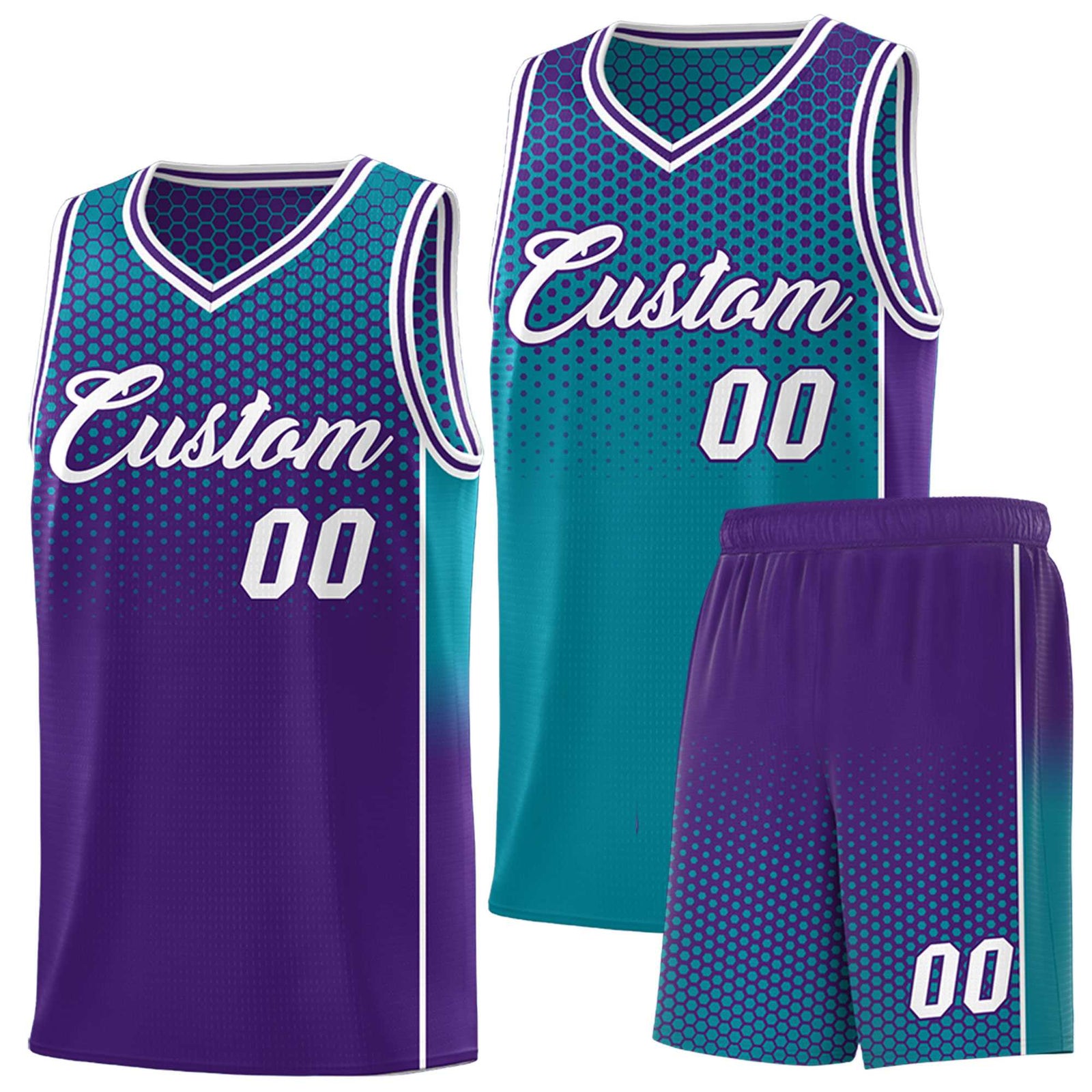 Custom Teal Purple Reversible Side Gradient Sports Uniform Dot Pattern Basketball Jersey Kits