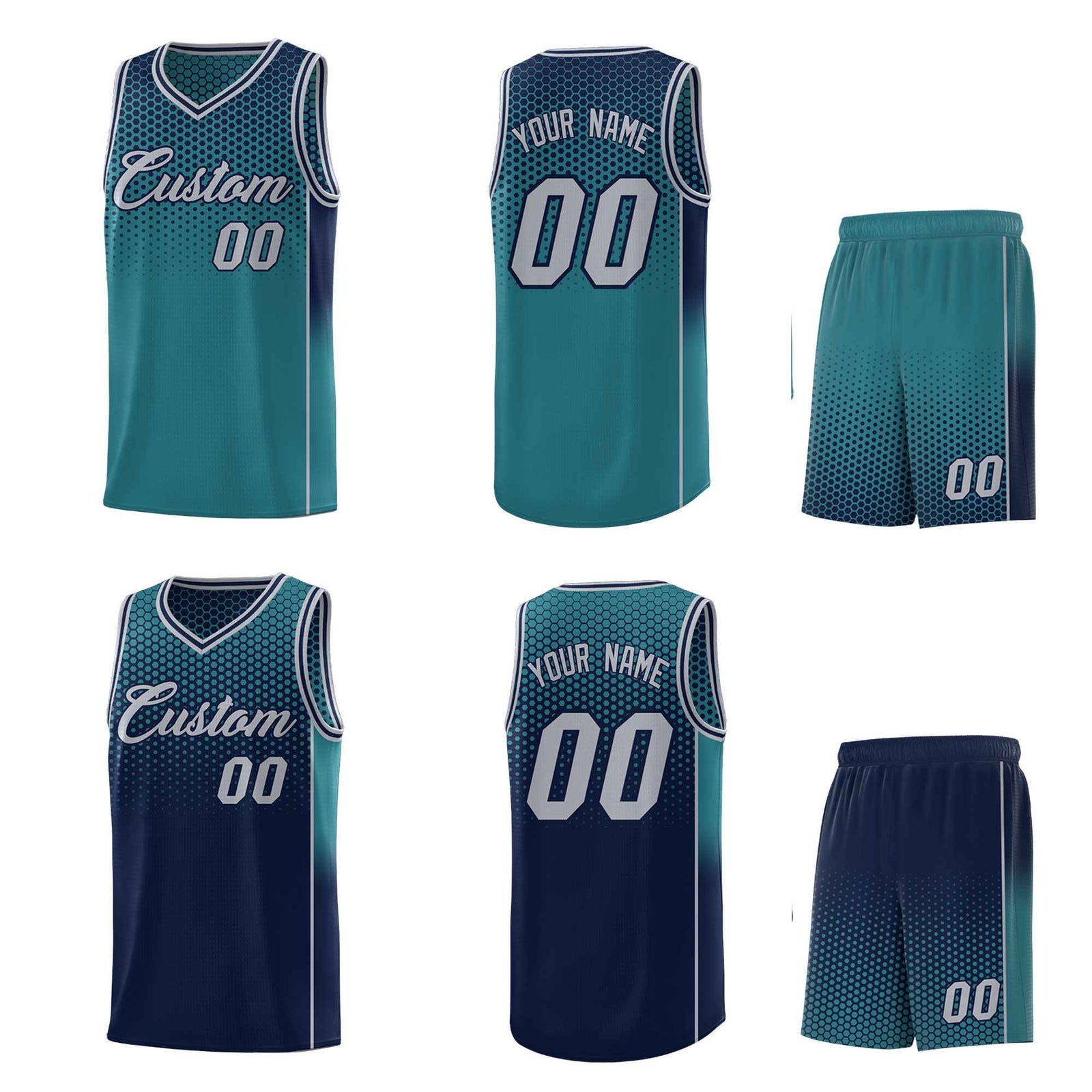 Custom Aqua Navy Reversible Side Gradient Sports Uniform Dot Pattern Basketball Jersey Kits