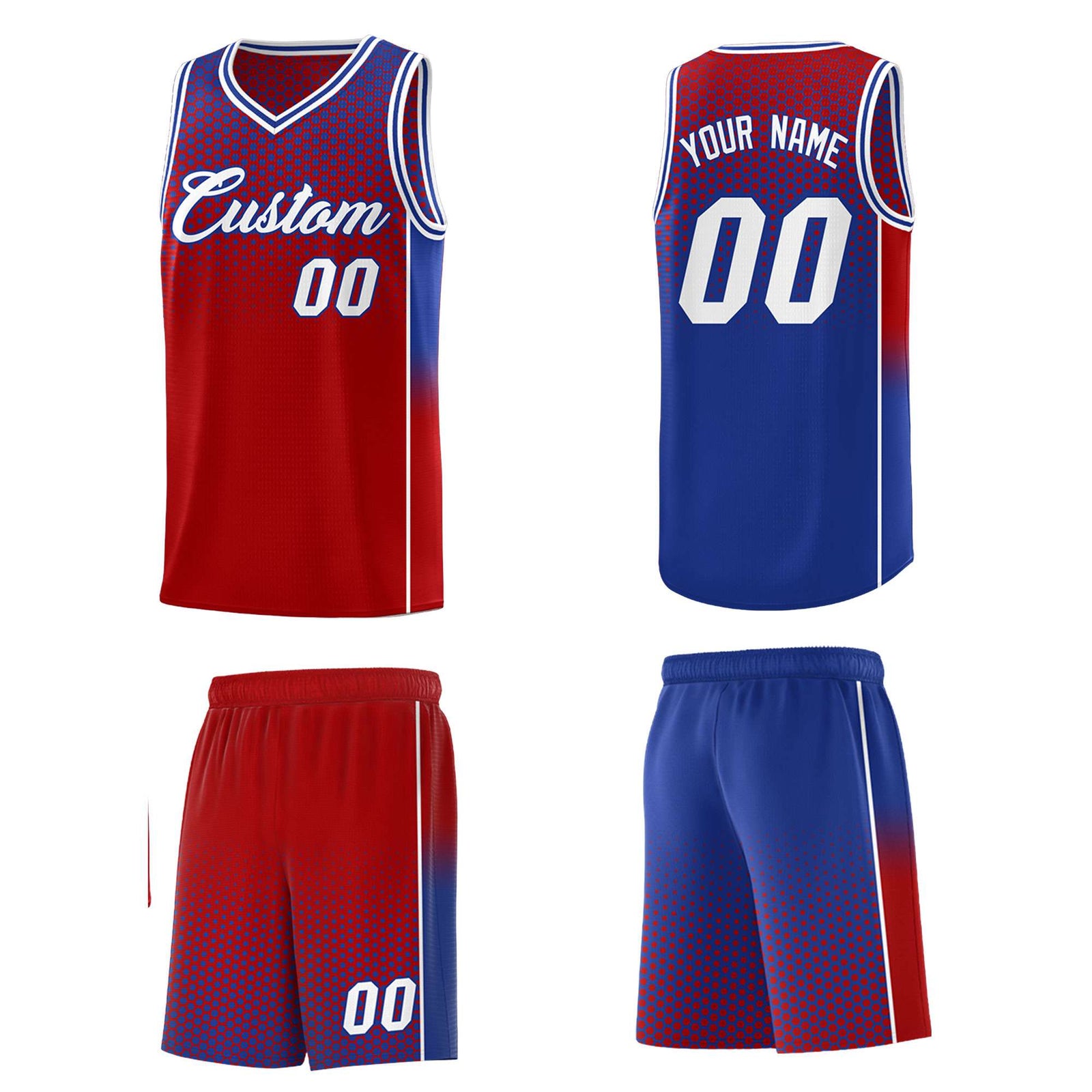 Custom Red Royal Reversible Side Gradient Sports Uniform Dot Pattern Basketball Jersey Kits