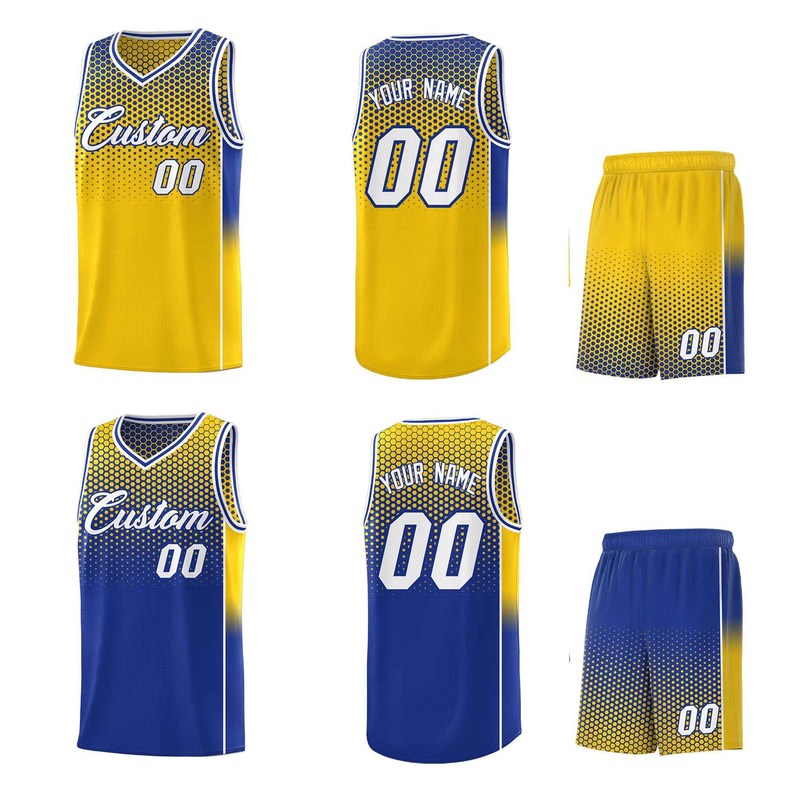 Custom Gold Royal Reversible Side Gradient Sports Uniform Dot Pattern Basketball Jersey Kits