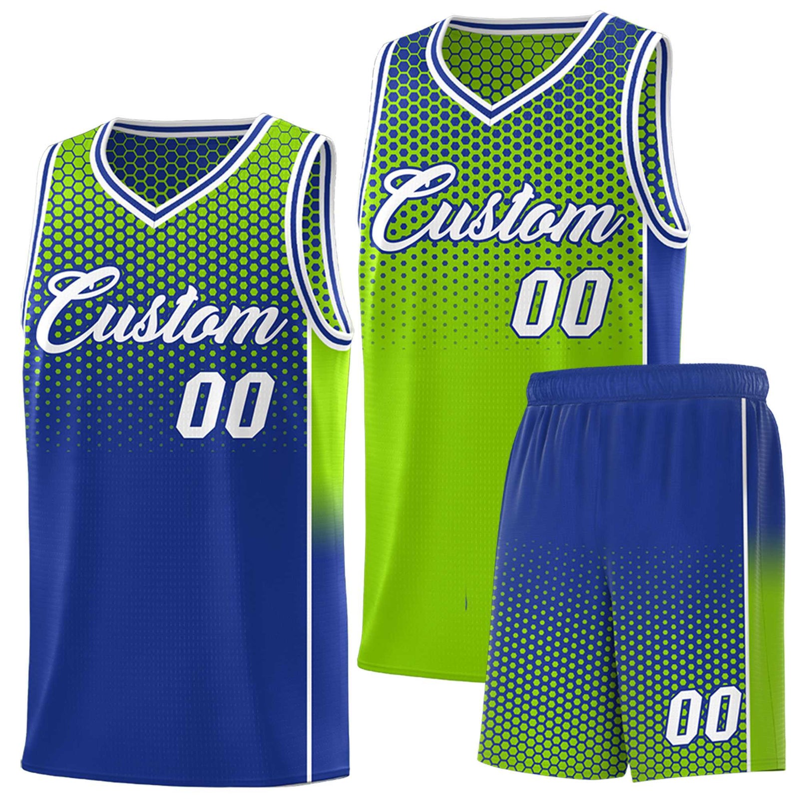 Custom Neon Green Royal Reversible Side Gradient Sports Uniform Dot Pattern Basketball Jersey Kits