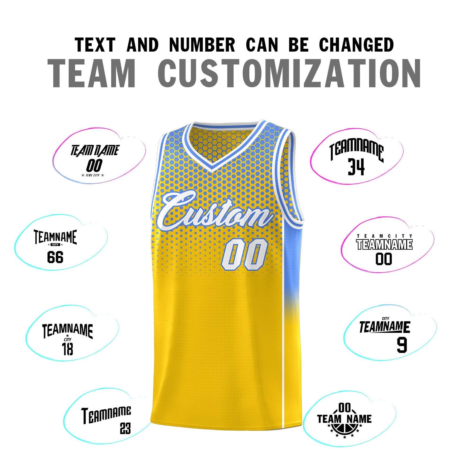 Custom Gold Light Blue Reversible Side Gradient Sports Uniform Dot Pattern Basketball Jersey Kits