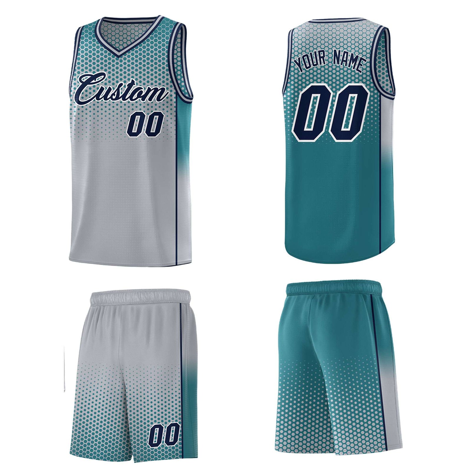 Custom Gray Aqua Reversible Side Gradient Sports Uniform Dot Pattern Basketball Jersey Kits