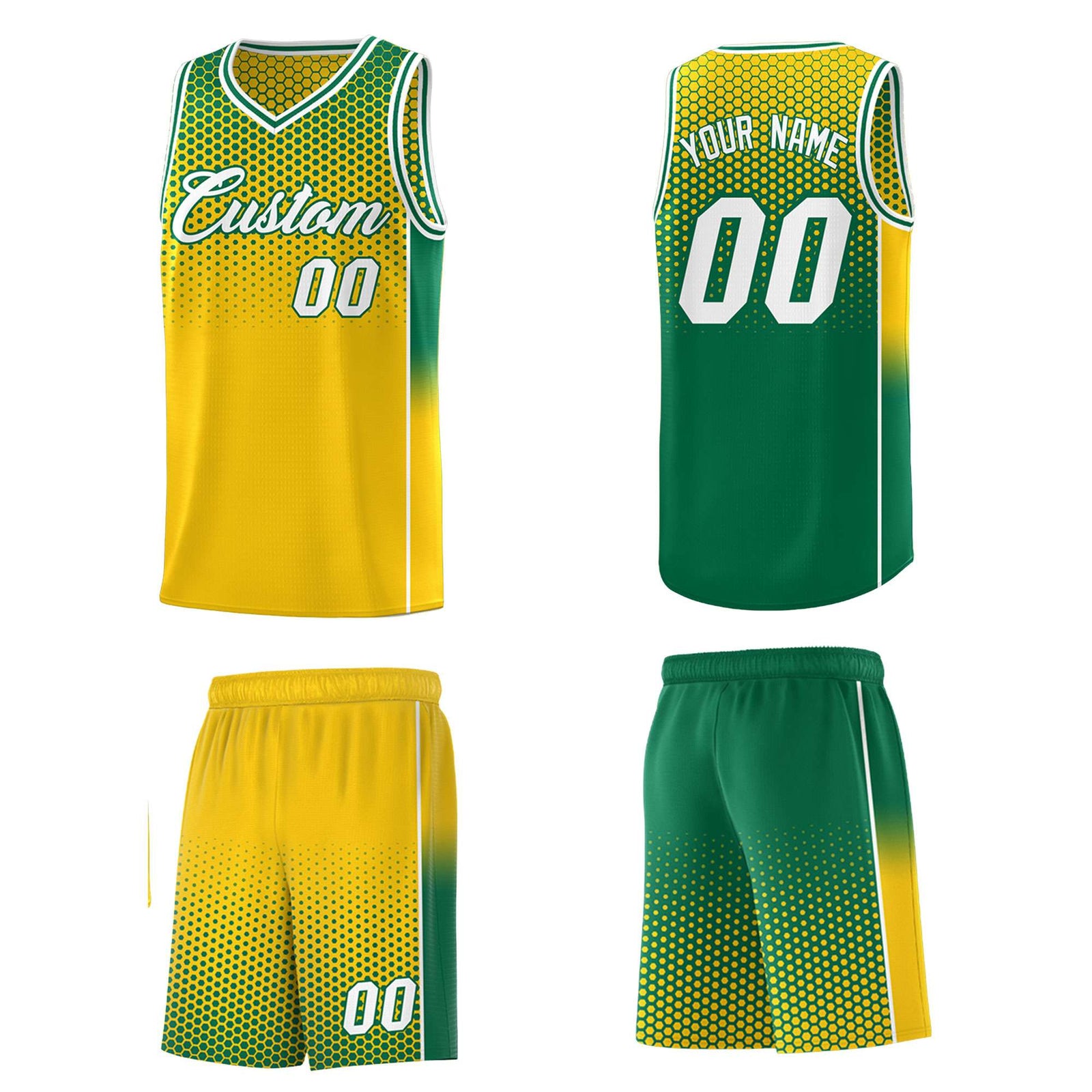 Custom Gold Kelly Green Reversible Side Gradient Sports Uniform Dot Pattern Basketball Jersey Kits
