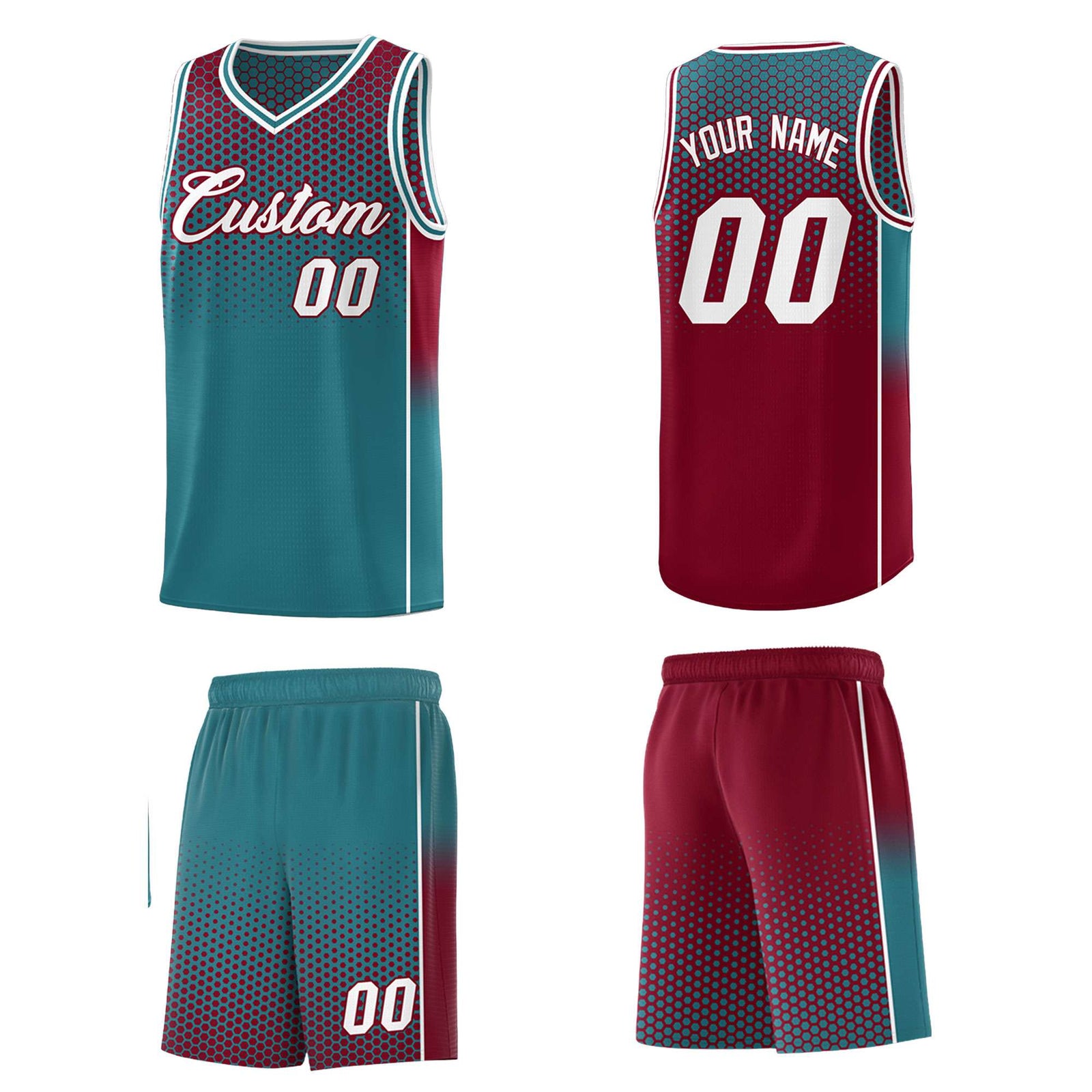 Custom Teal Crimson Reversible Side Gradient Sports Uniform Dot Pattern Basketball Jersey Kits