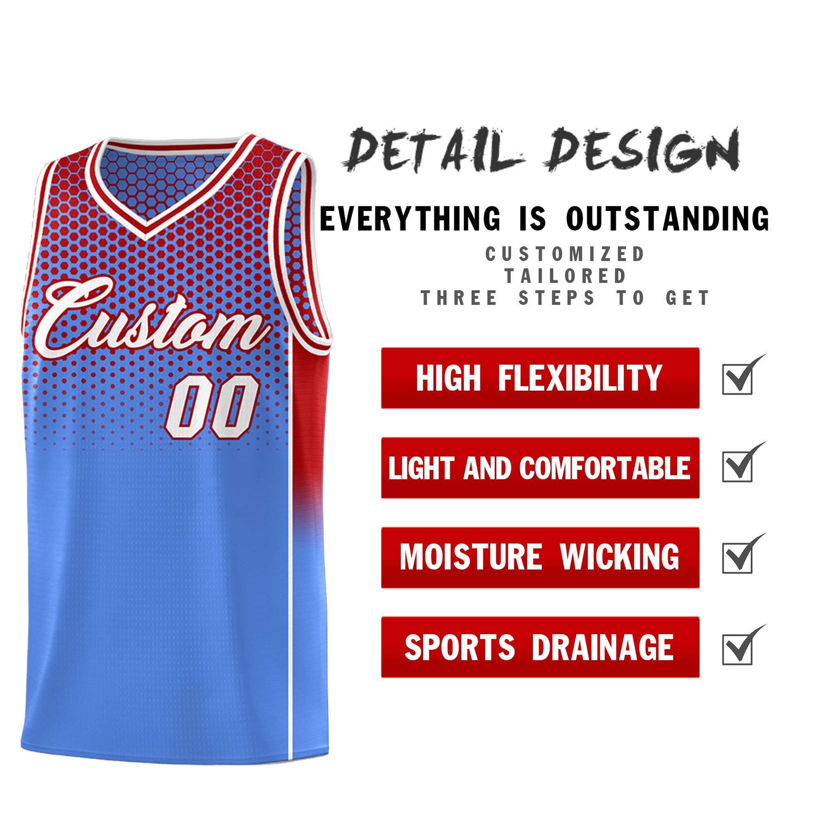 Custom Light Blue Red Reversible Side Gradient Sports Uniform Dot Pattern Basketball Jersey Kits