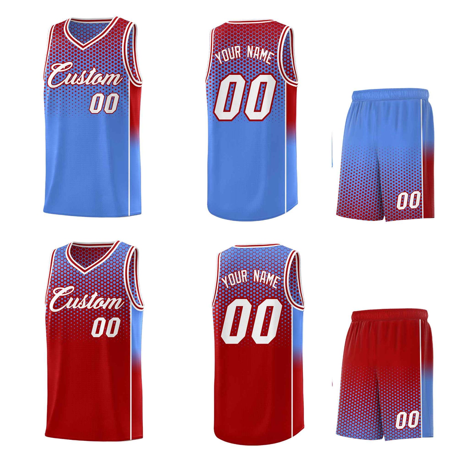 Custom Light Blue Red Reversible Side Gradient Sports Uniform Dot Pattern Basketball Jersey Kits
