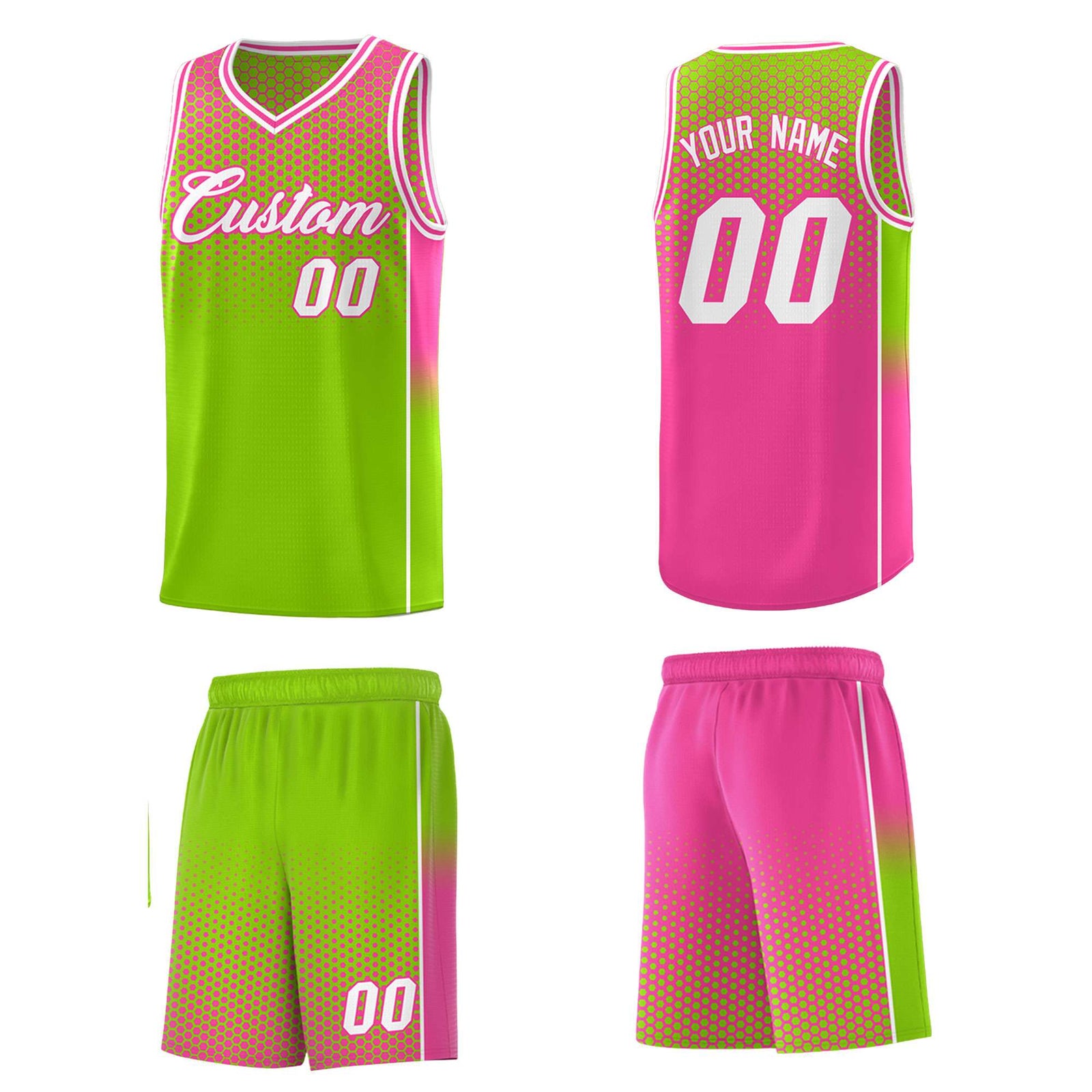 Custom Neon Green Pink Reversible Side Gradient Sports Uniform Dot Pattern Basketball Jersey Kits
