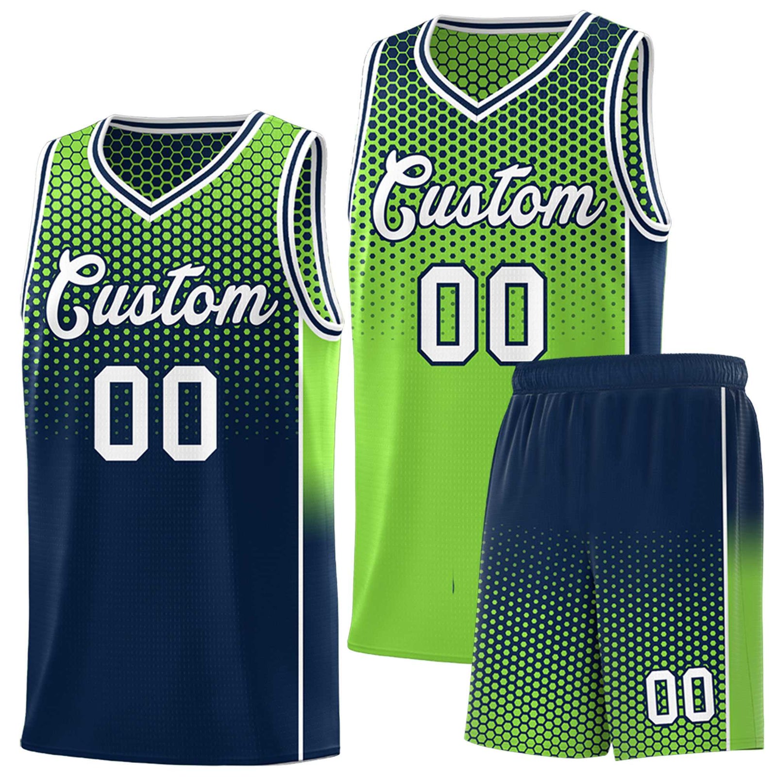 Custom Neon Green Navy Reversible Side Gradient Sports Uniform Dot Pattern Basketball Jersey Kits