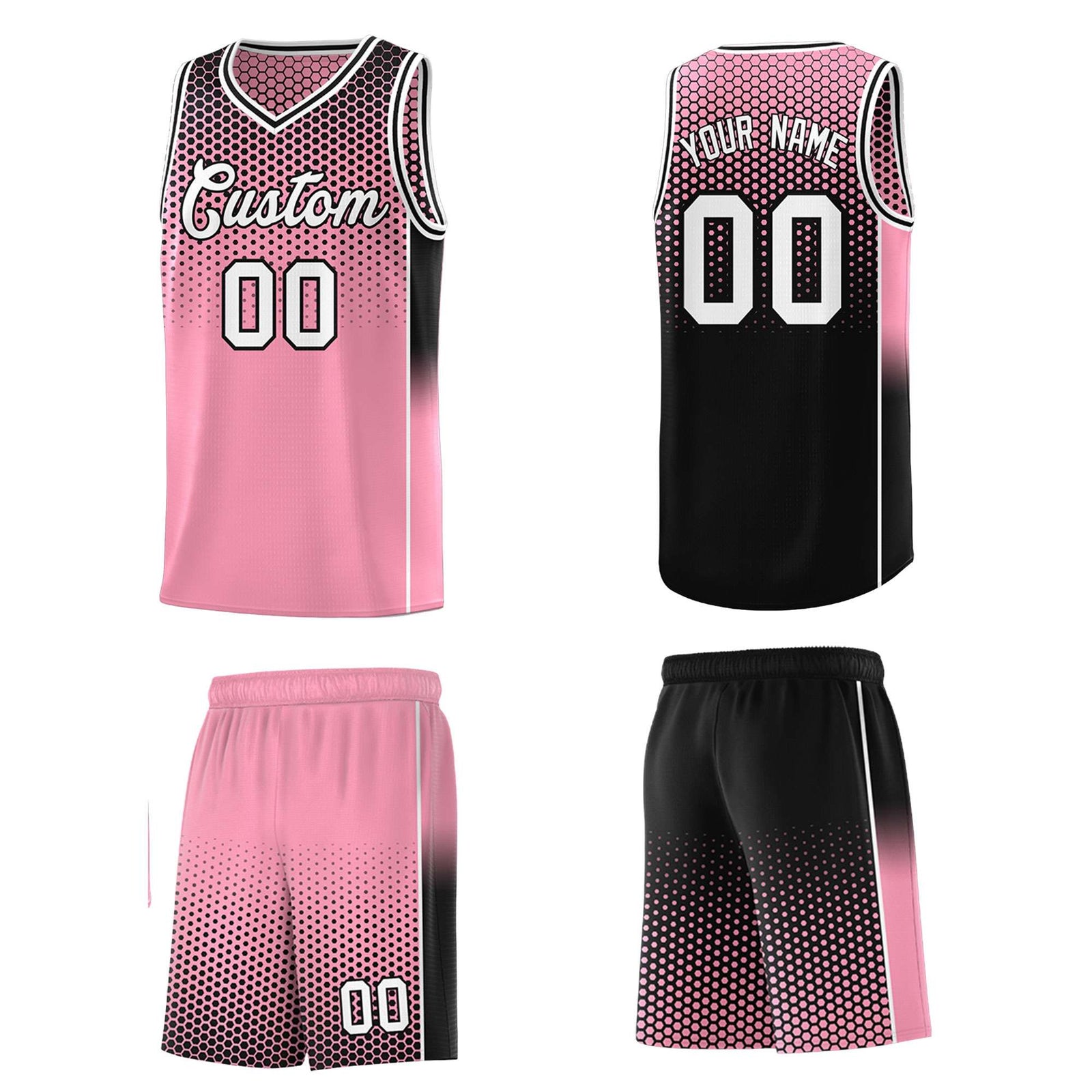 Custom Light Pink Black Reversible Side Gradient Sports Uniform Dot Pattern Basketball Jersey Kits