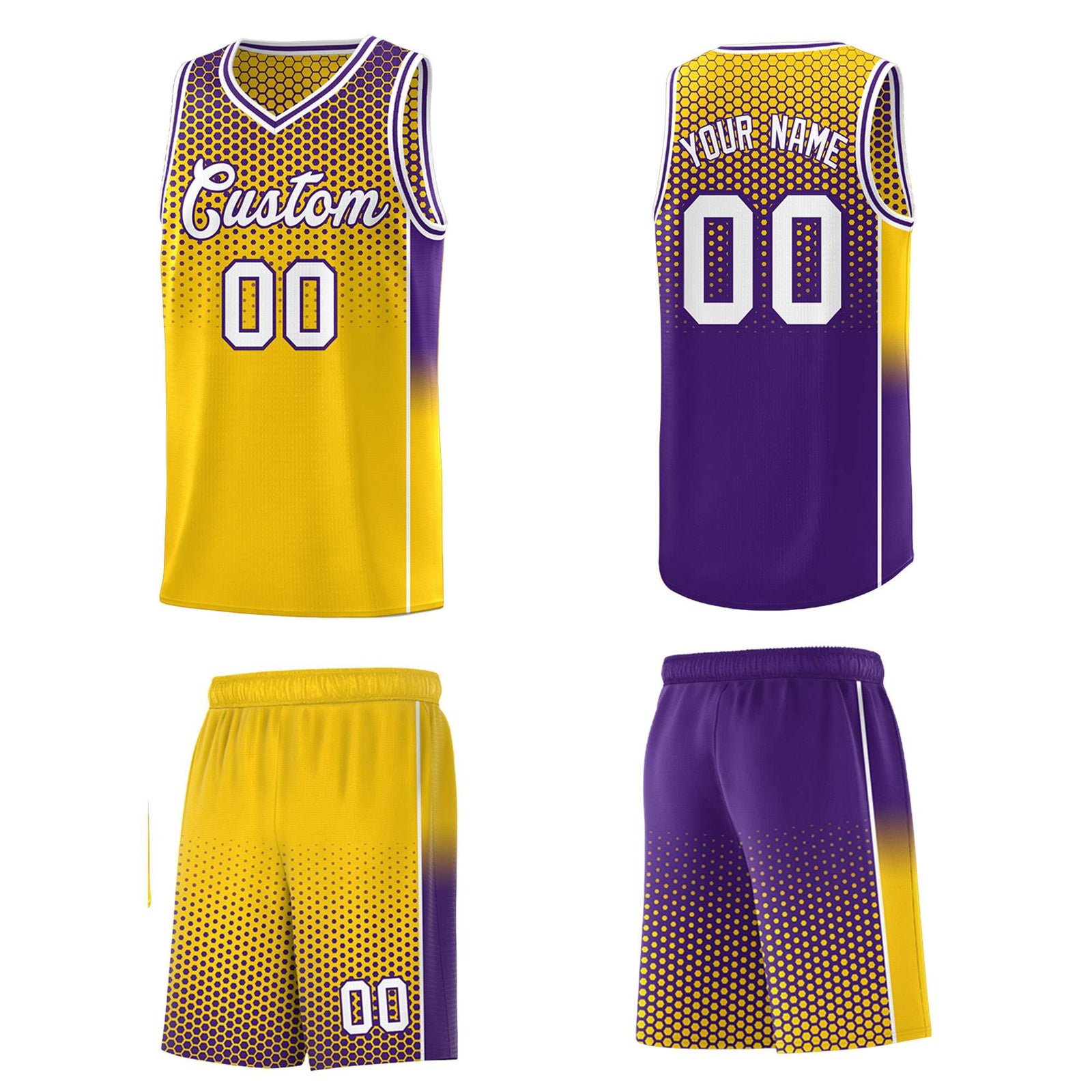 Custom Gold Purple Reversible Side Gradient Sports Uniform Dot Pattern Basketball Jersey Kits