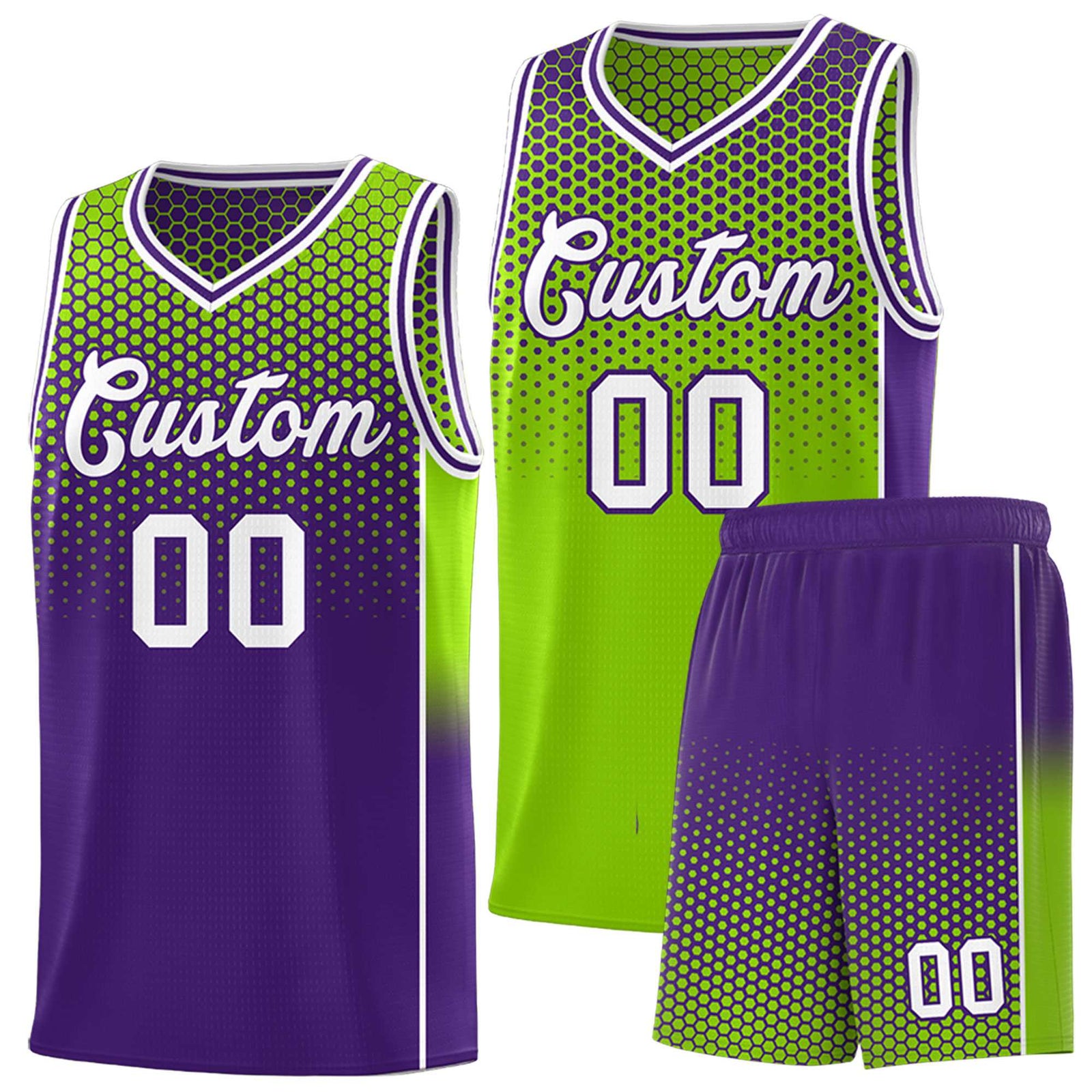 Custom Neon Green Purple Reversible Side Gradient Sports Uniform Dot Pattern Basketball Jersey Kits