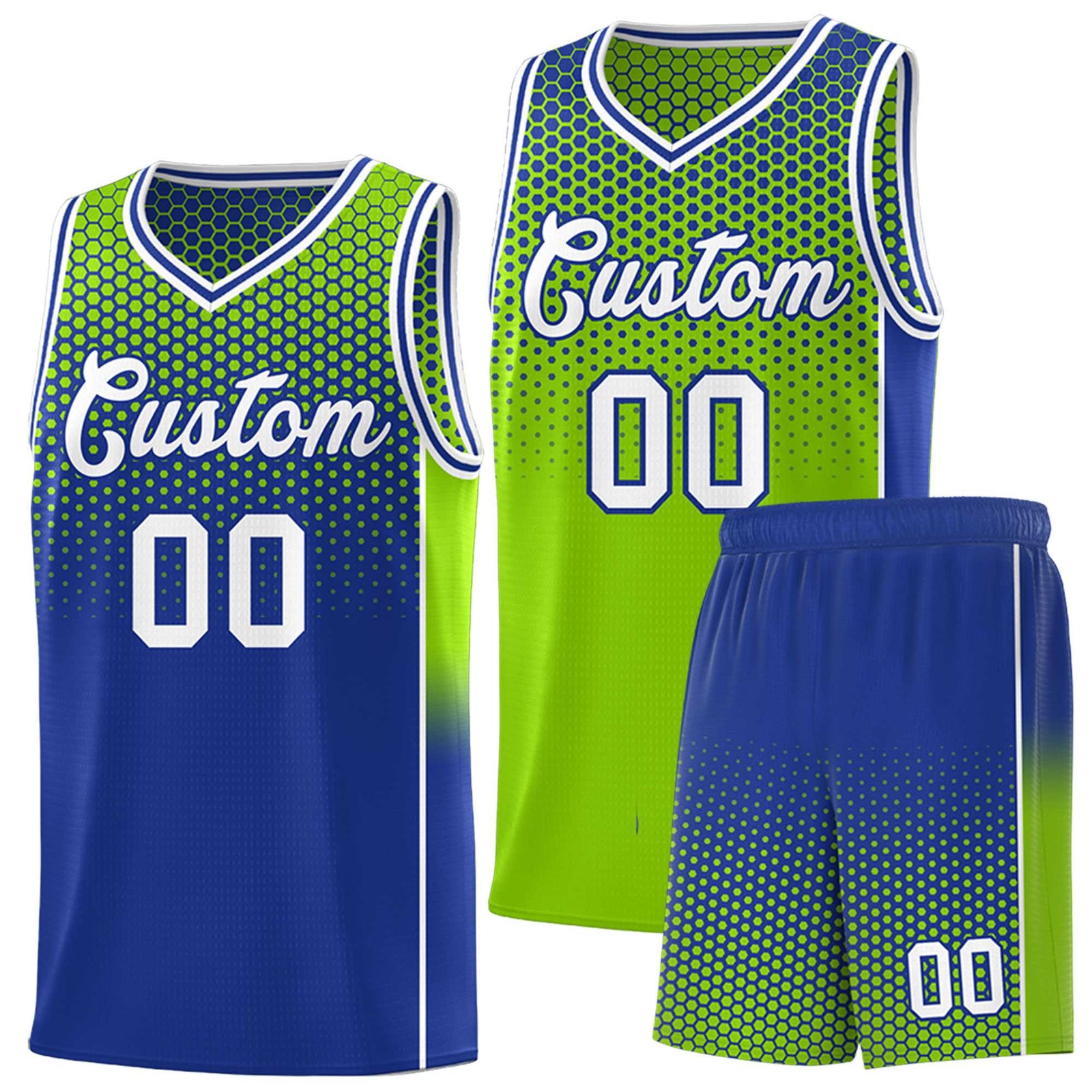 Custom Neon Green Royal Reversible Side Gradient Sports Uniform Dot Pattern Basketball Jersey Kits